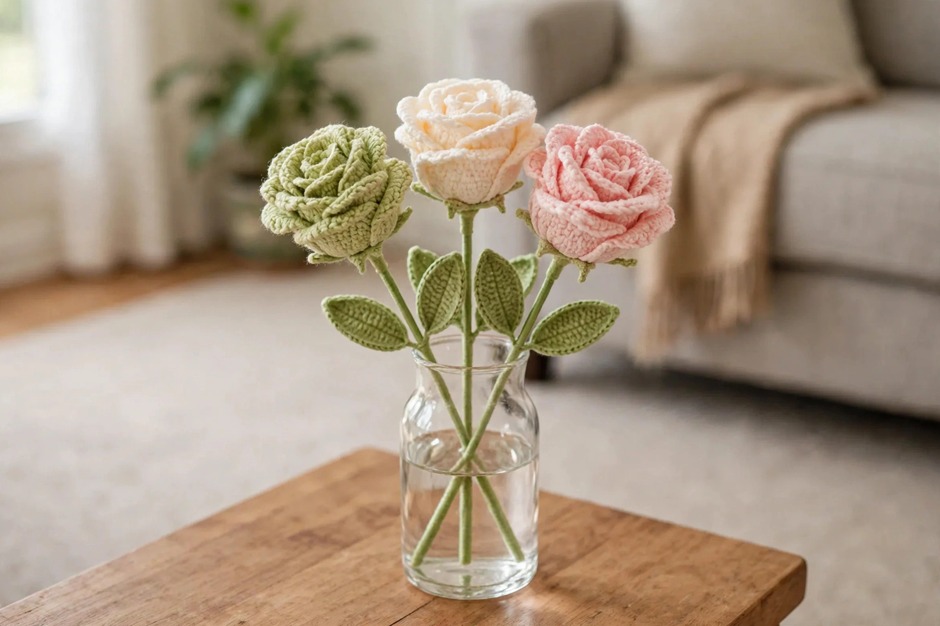 Handmade crochet lisianthus rose bouquet in a glass vase at home