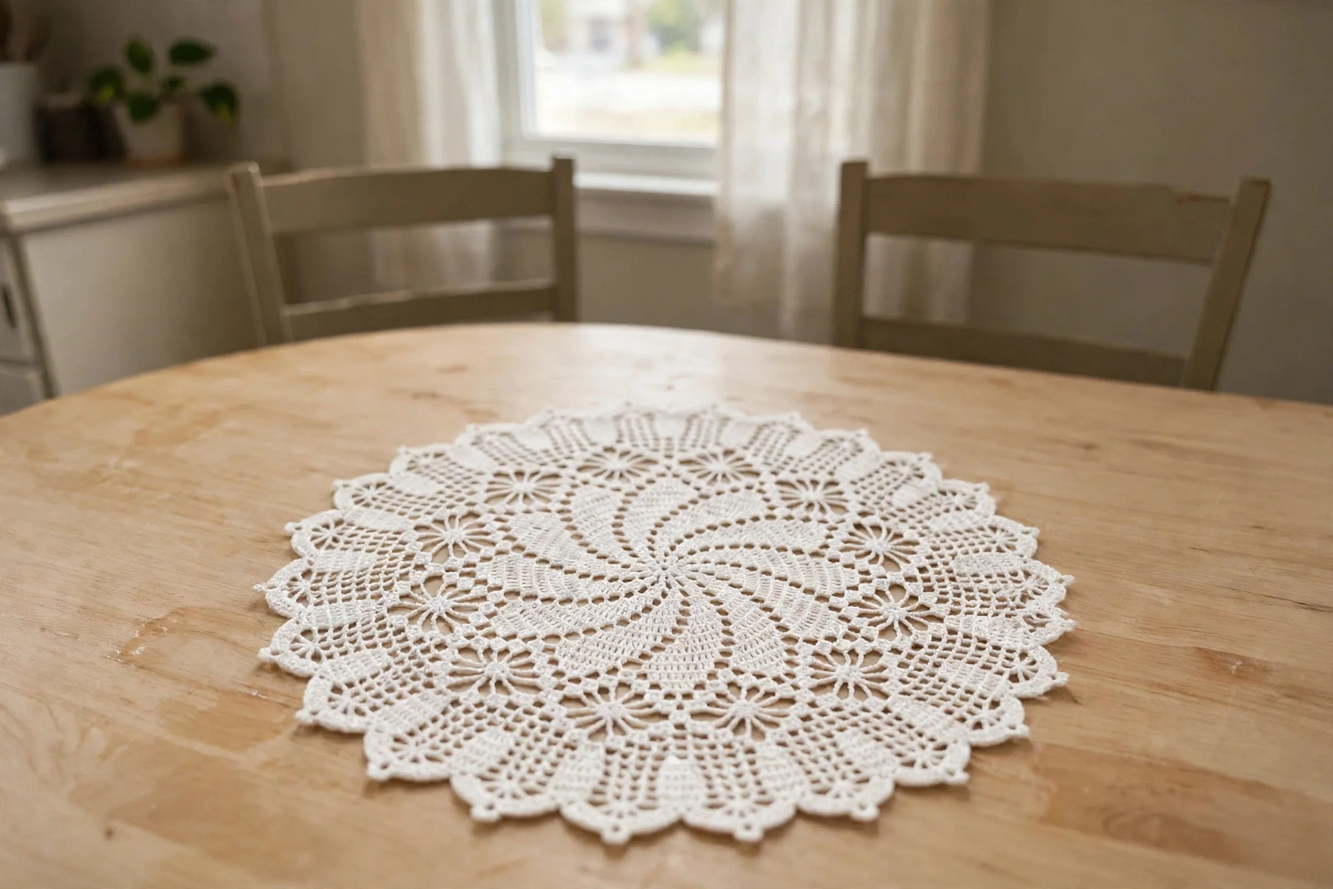Finished white crochet lace doily laid flat on a dining table