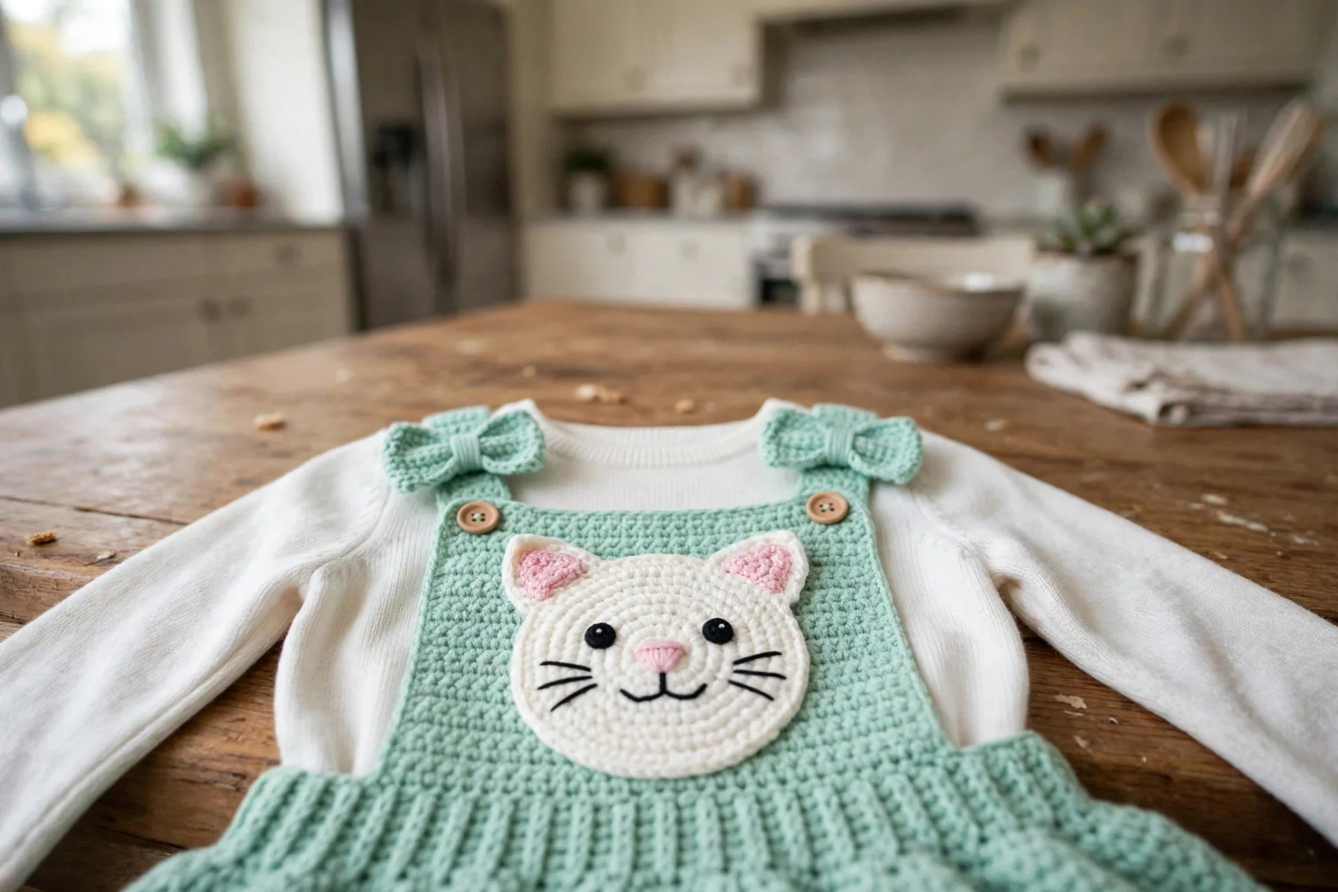 Close-up of the crochet cat face bib detail on the mint green pinafore