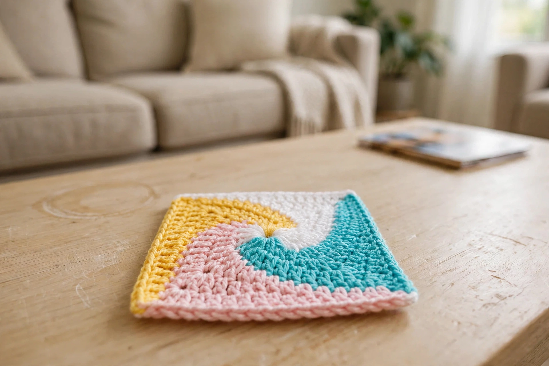 Close-up of the four-color crochet pinwheel square
