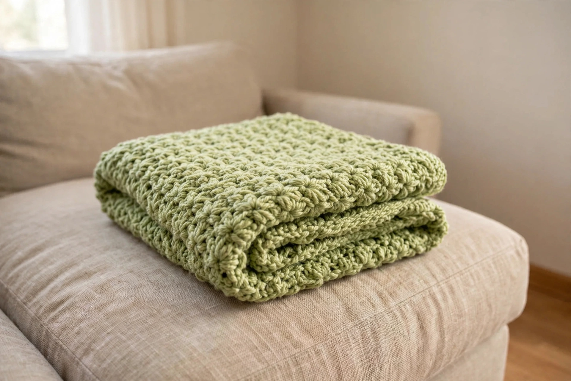 Folded green crochet baby blanket showing petal stitch texture