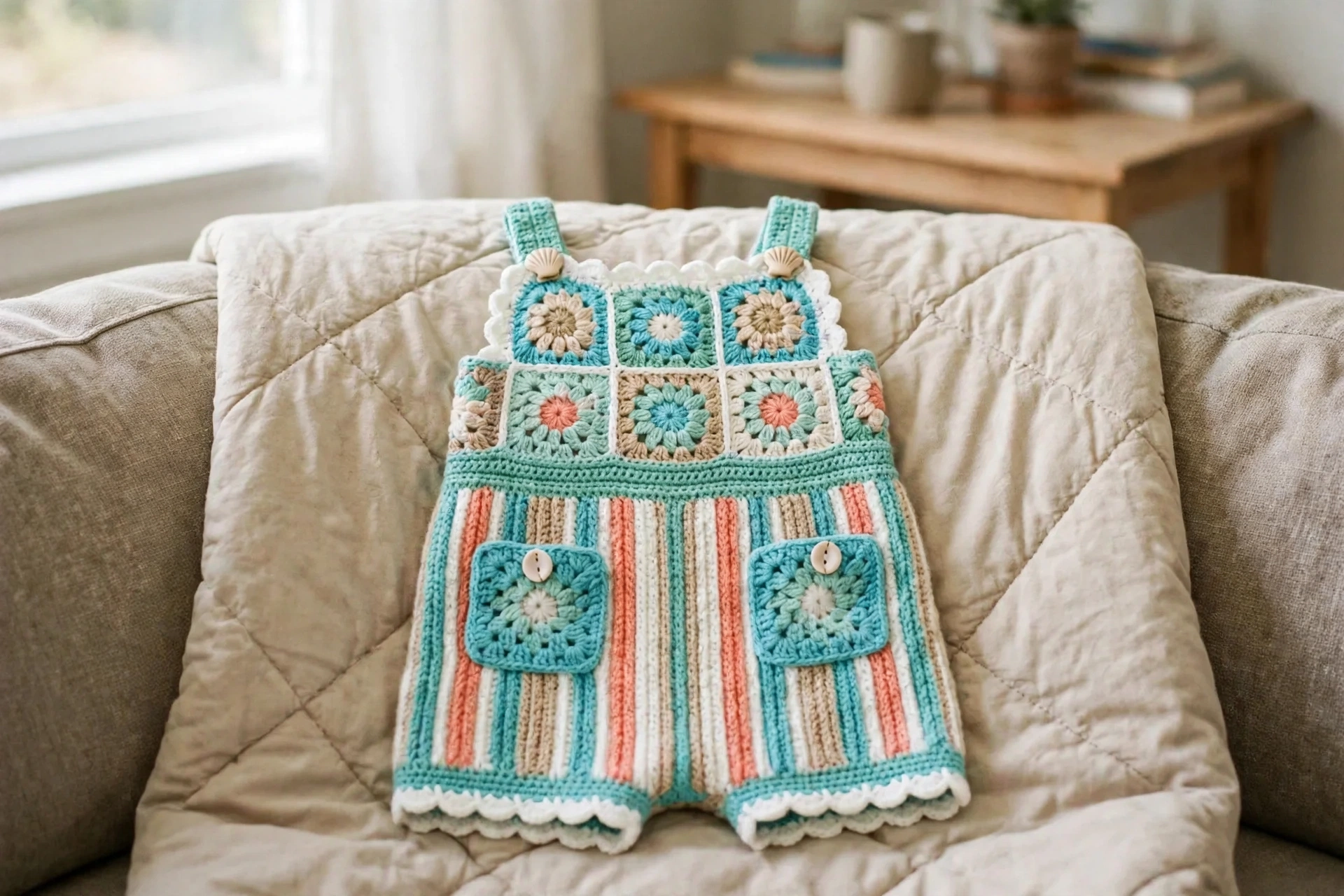 Ocean breeze granny romper laid flat showing granny squares and striped shorts