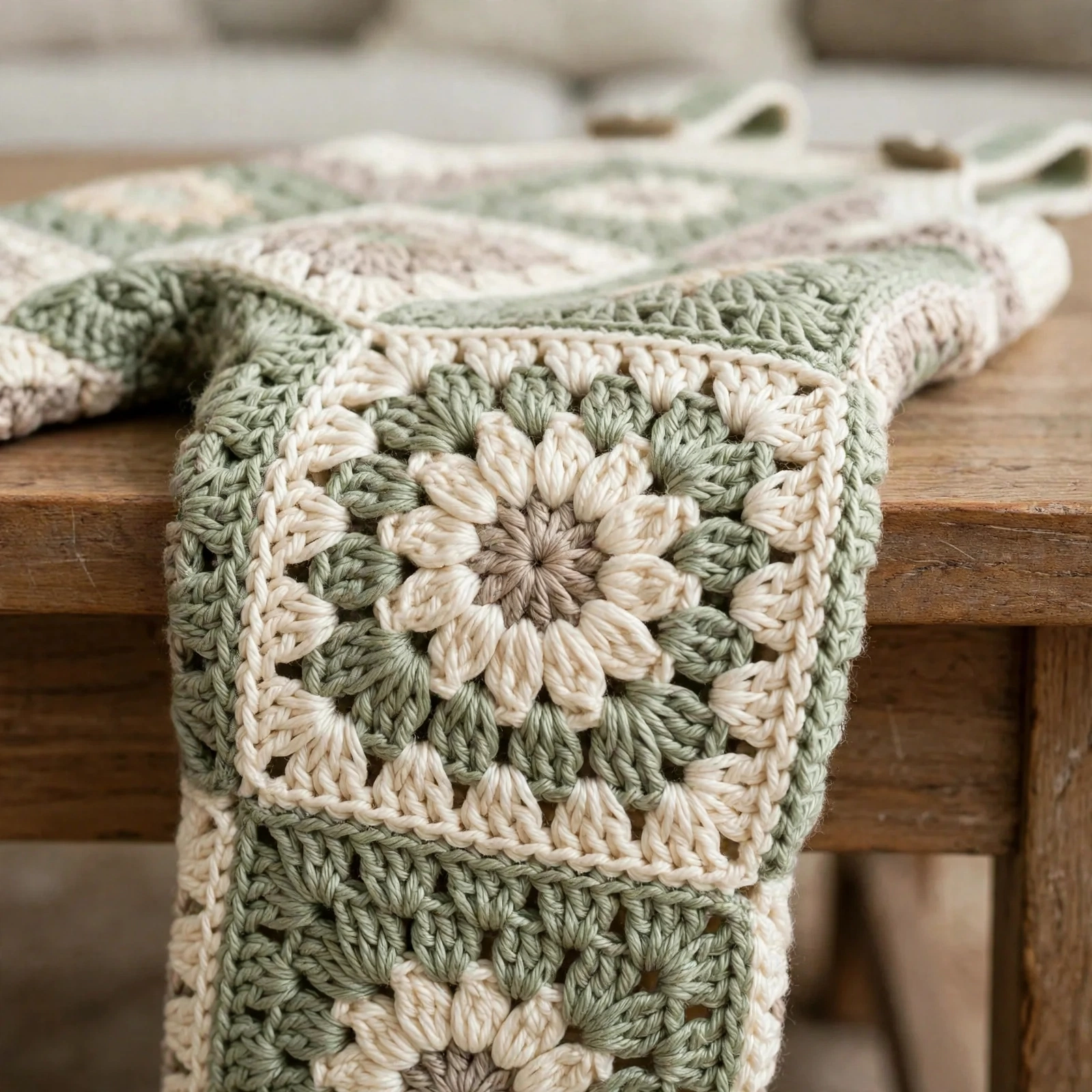 Sunflower granny square with raised petal center close-up