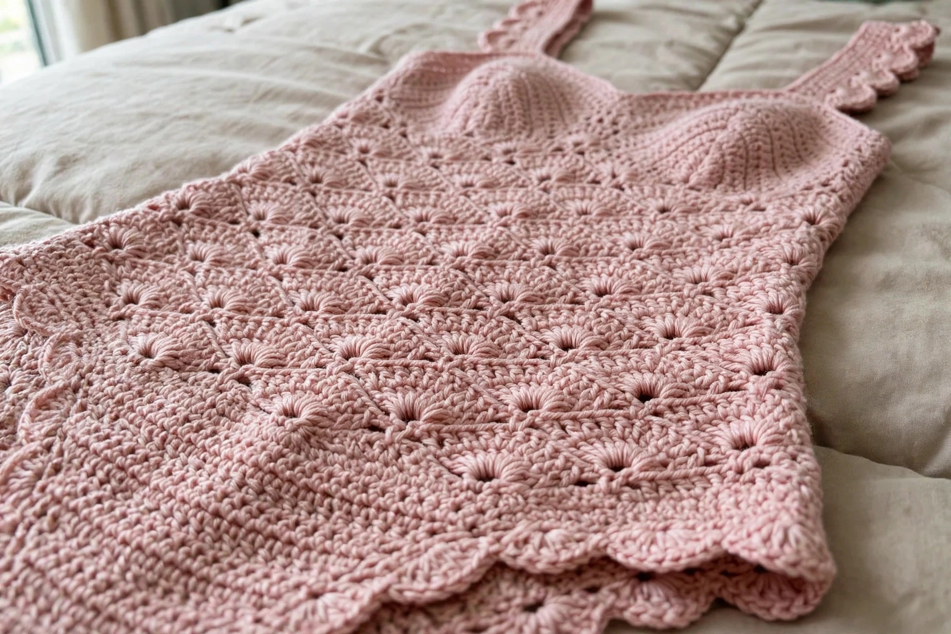 Close-up of pastel rainbow shell stitch pattern