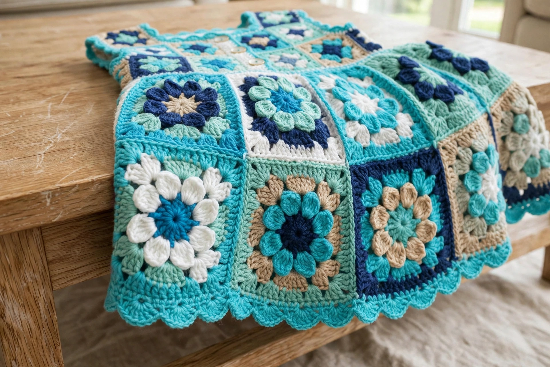 Close-up of turquoise-edged granny squares in the skirt