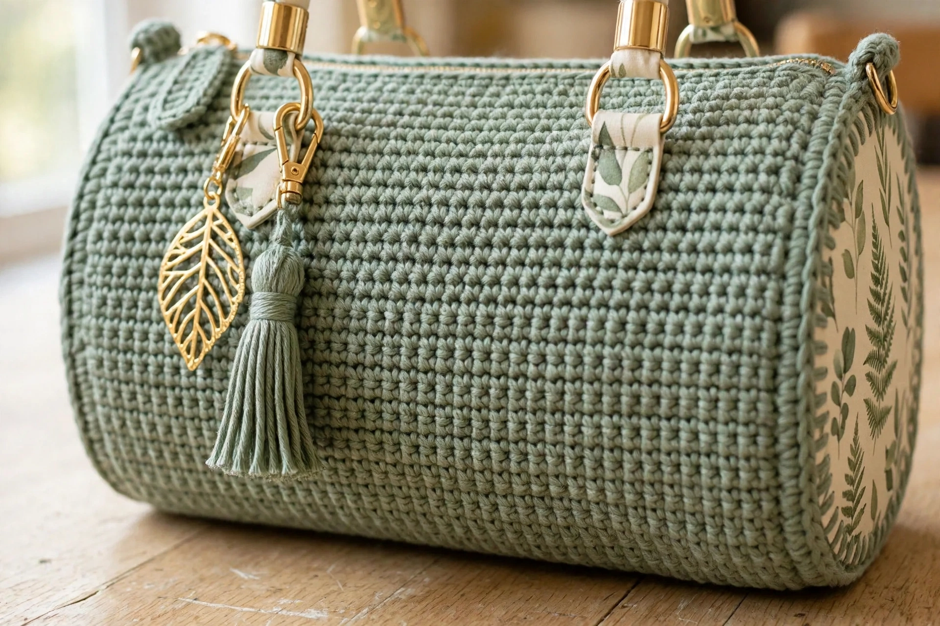 Close-up of the bag body worked in sage green single crochet