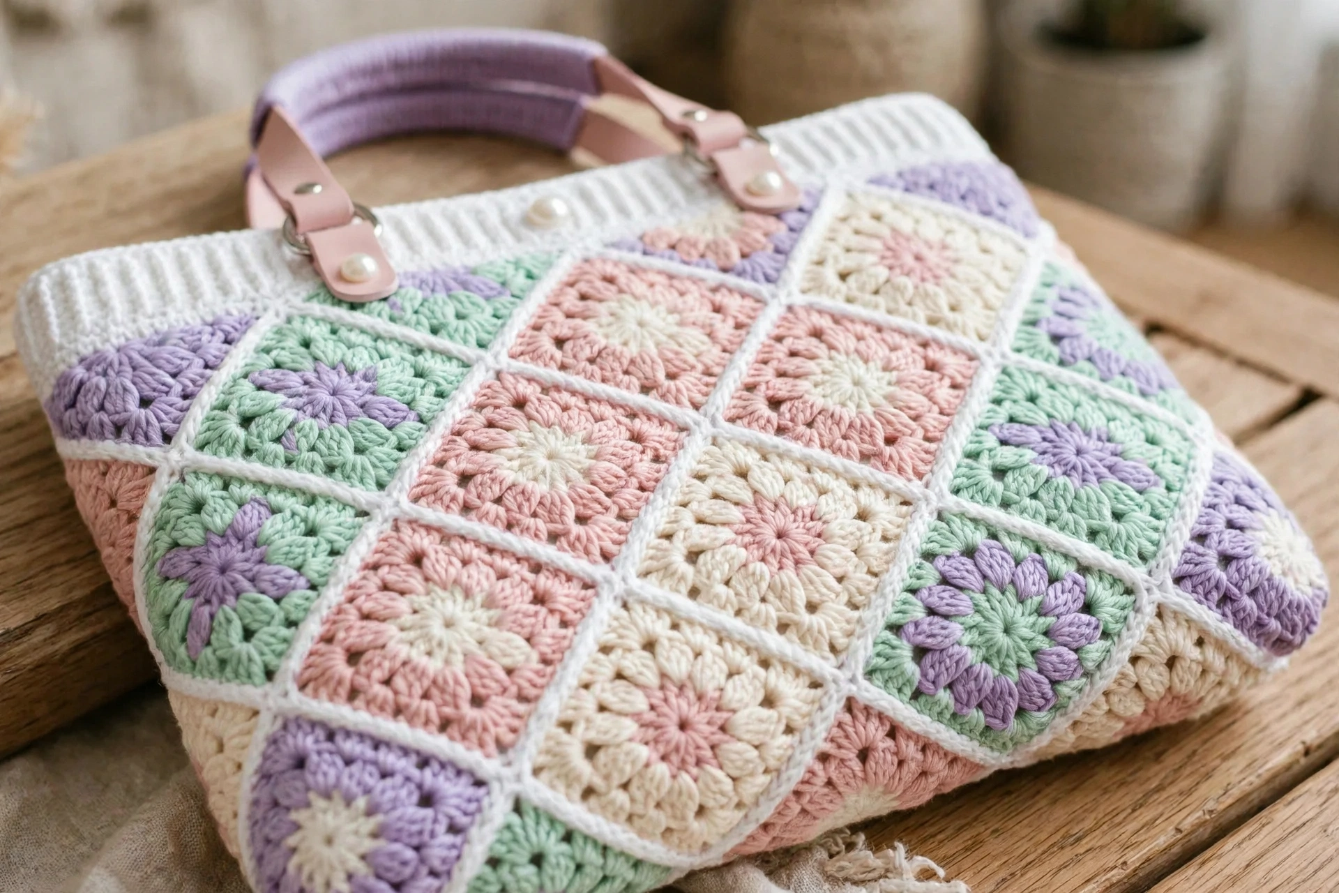 Close-up of cluster-stitched granny square detail