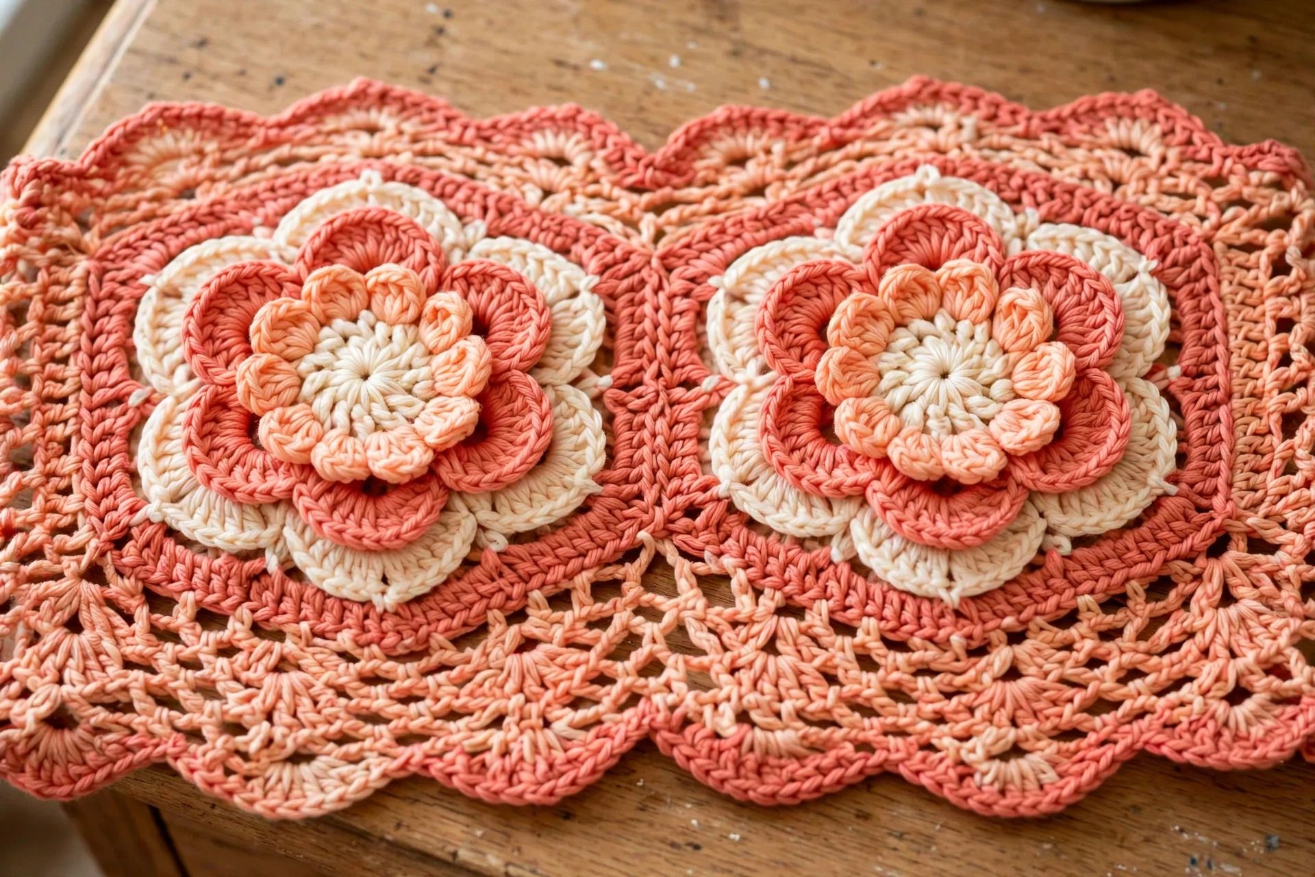 Close-up of coral sunset dimensional flower motif detail