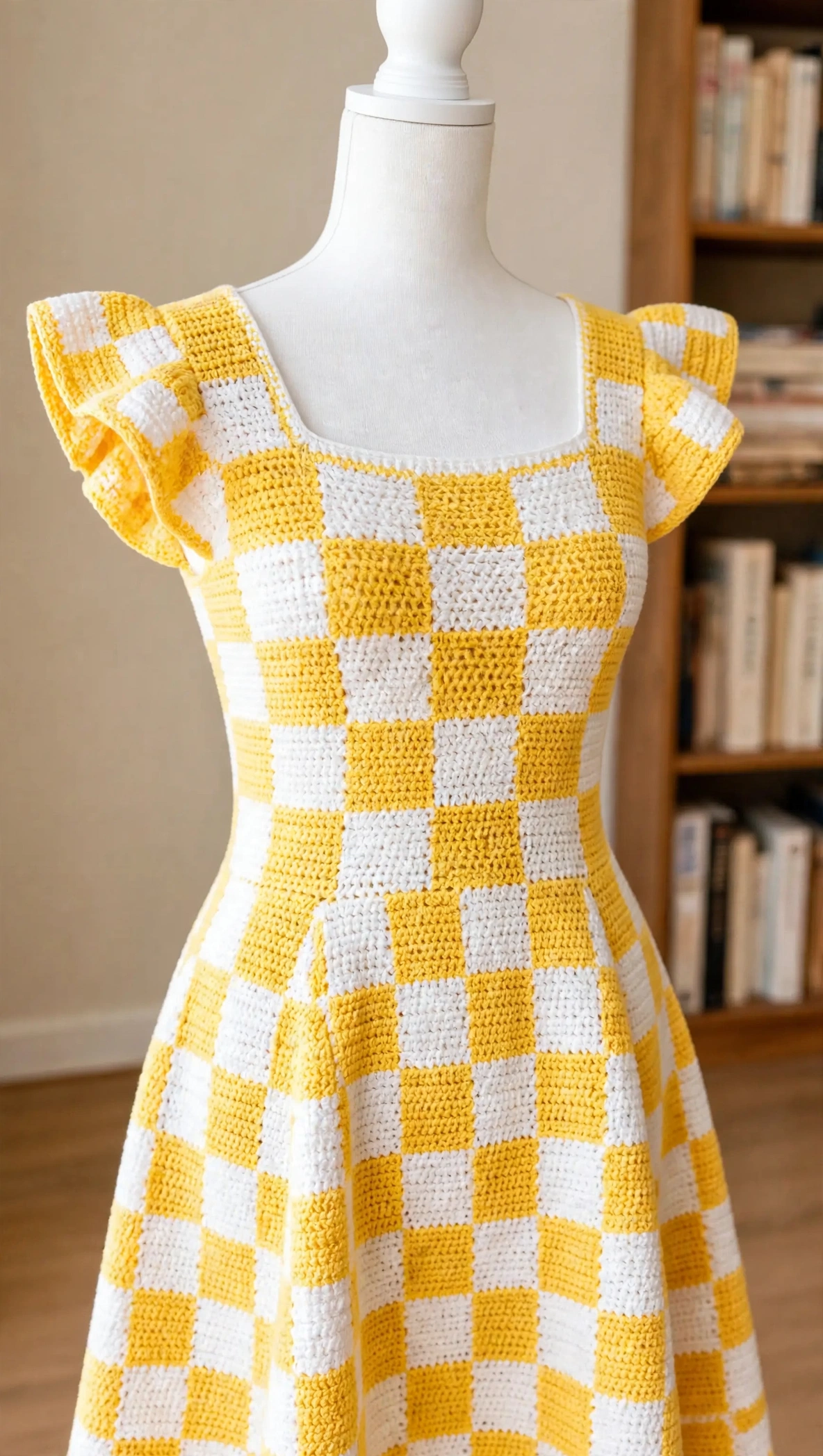 Sunny Yellow Checkered Crochet Dress detail