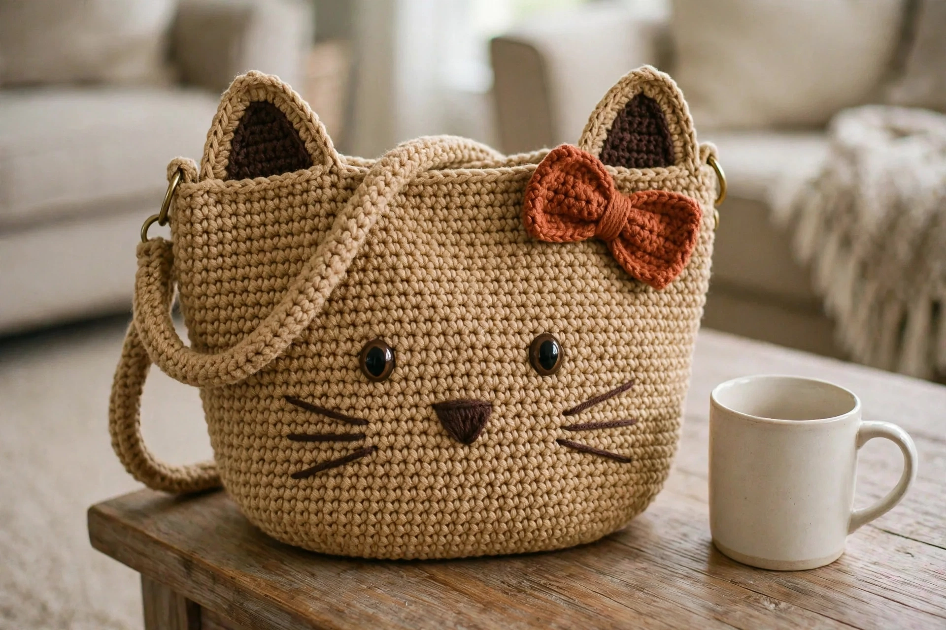 Cozy Tan Kitty Face Tote Bag