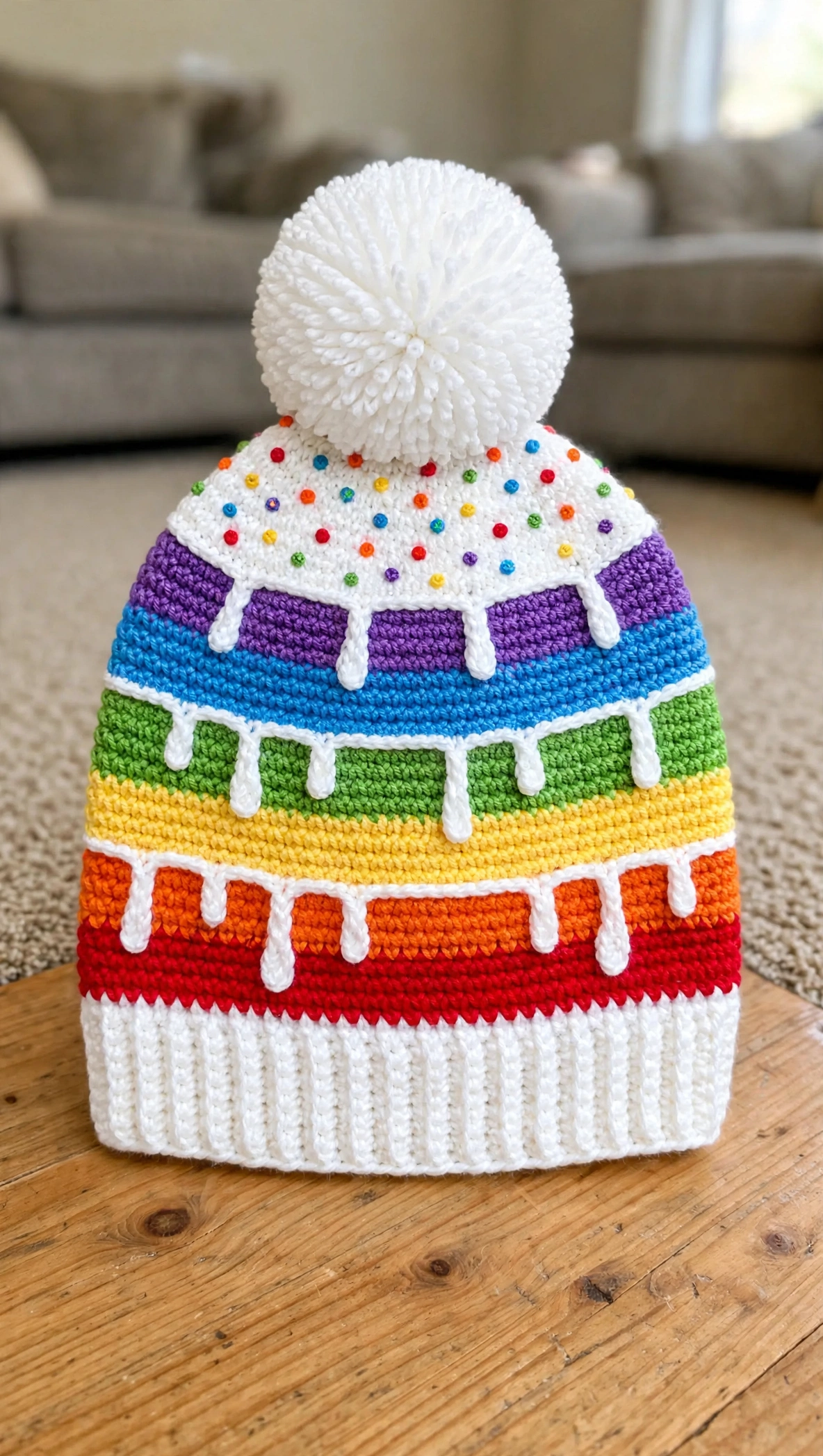 Rainbow Drip Cake Beanie detail