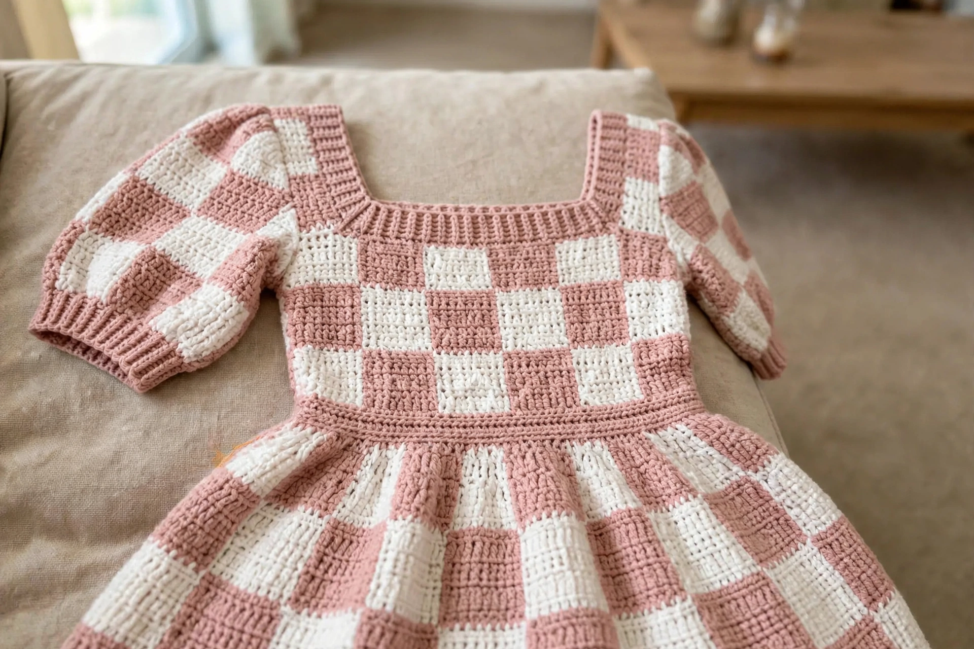 Pink Gingham Crochet Summer Dress detail