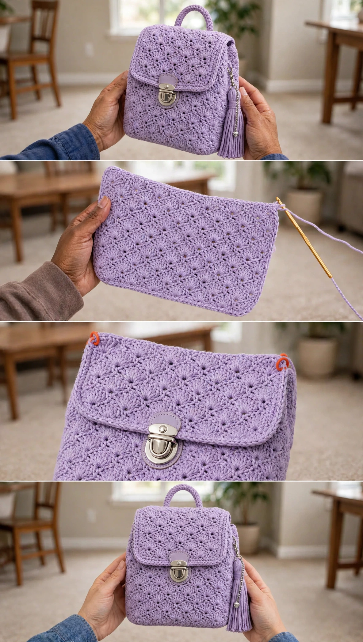 Close-up detail of the lavender starburst crochet stitch texture and silver turn-lock clasp