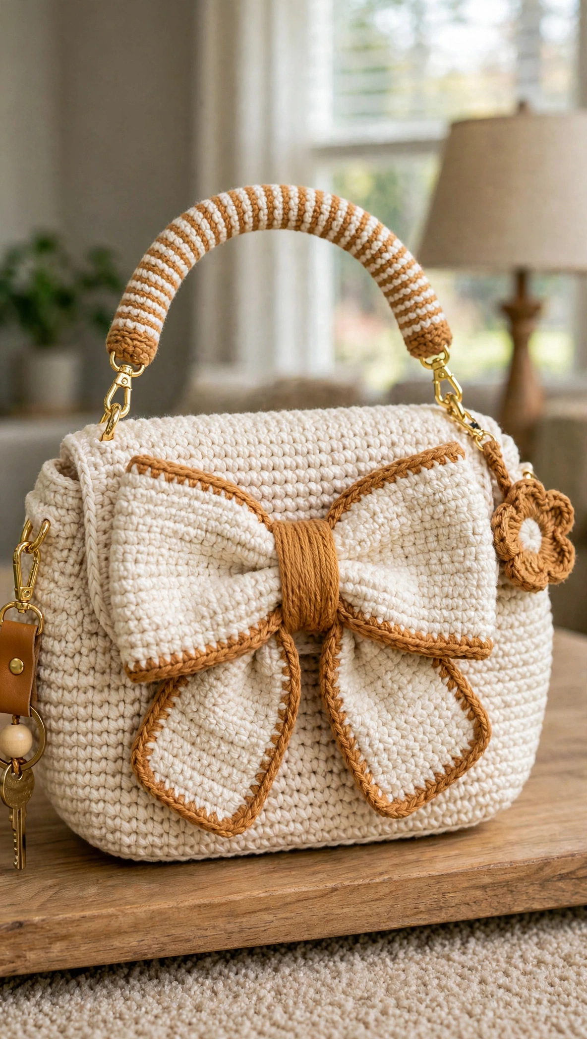 Close-up of the oversized crocheted bow with caramel outline on the cream bow bag