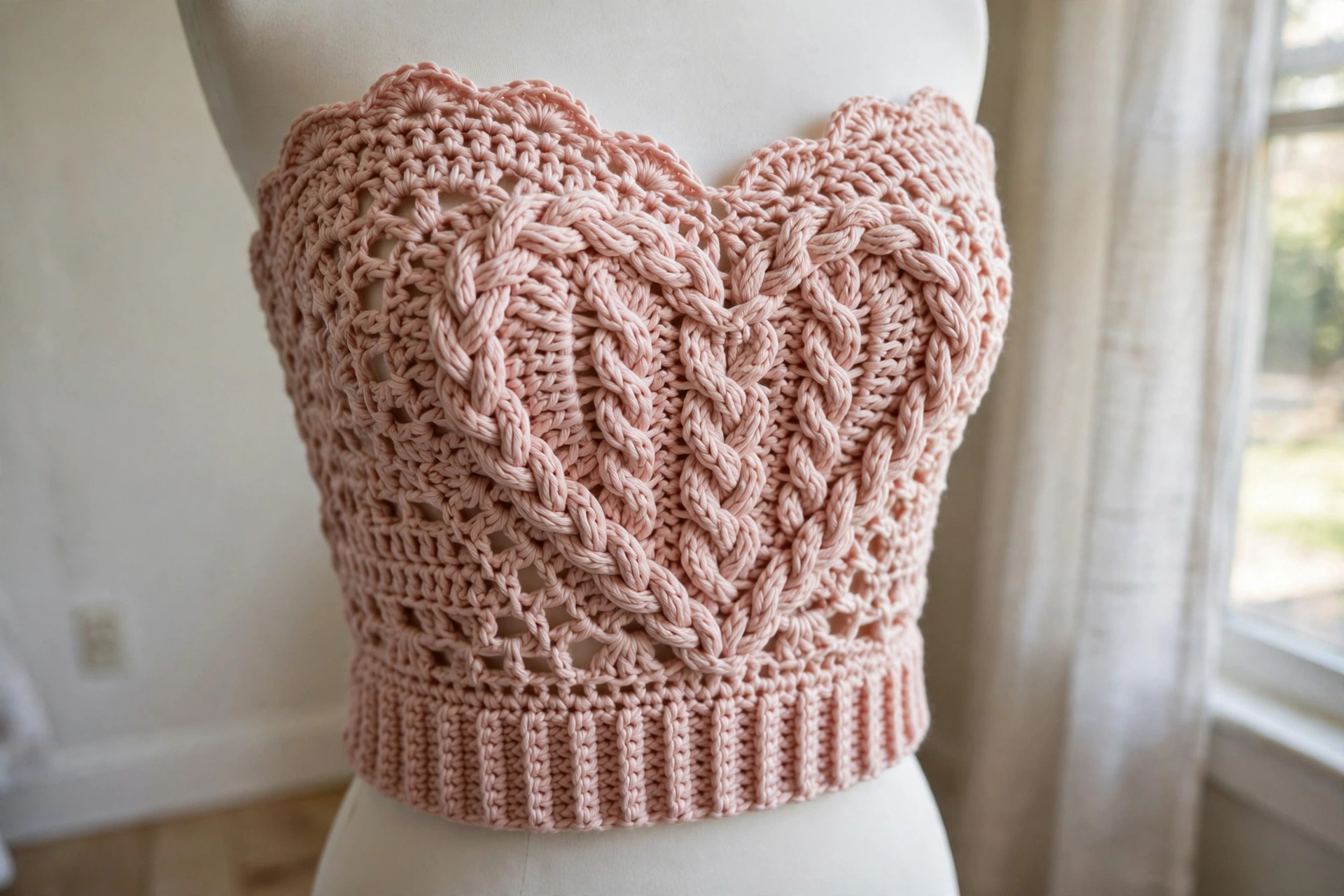 Blush Pink Cable Heart Crop Top Free Crochet Pattern
