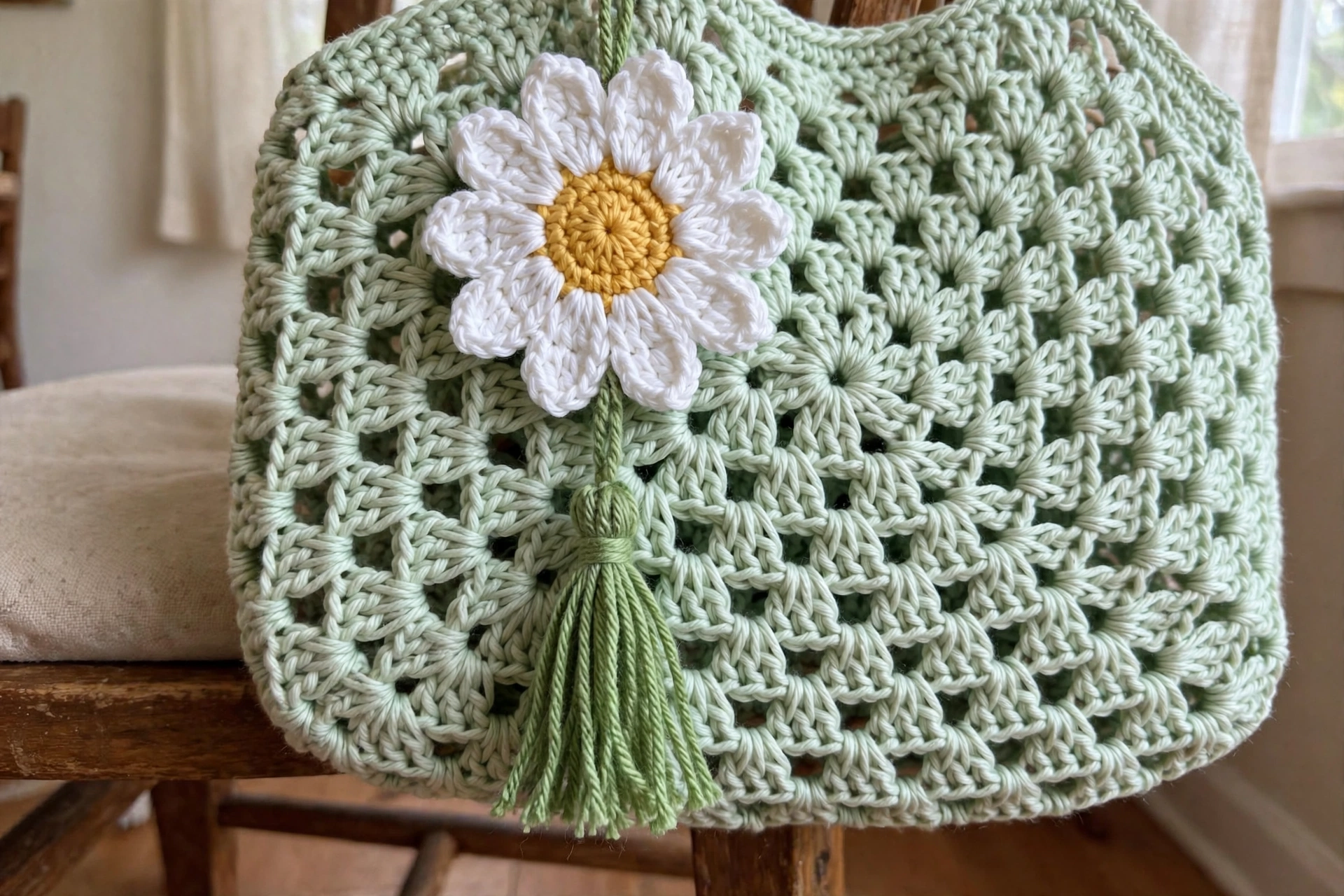 Sage Green Granny Tote with Daisy Free Crochet Pattern