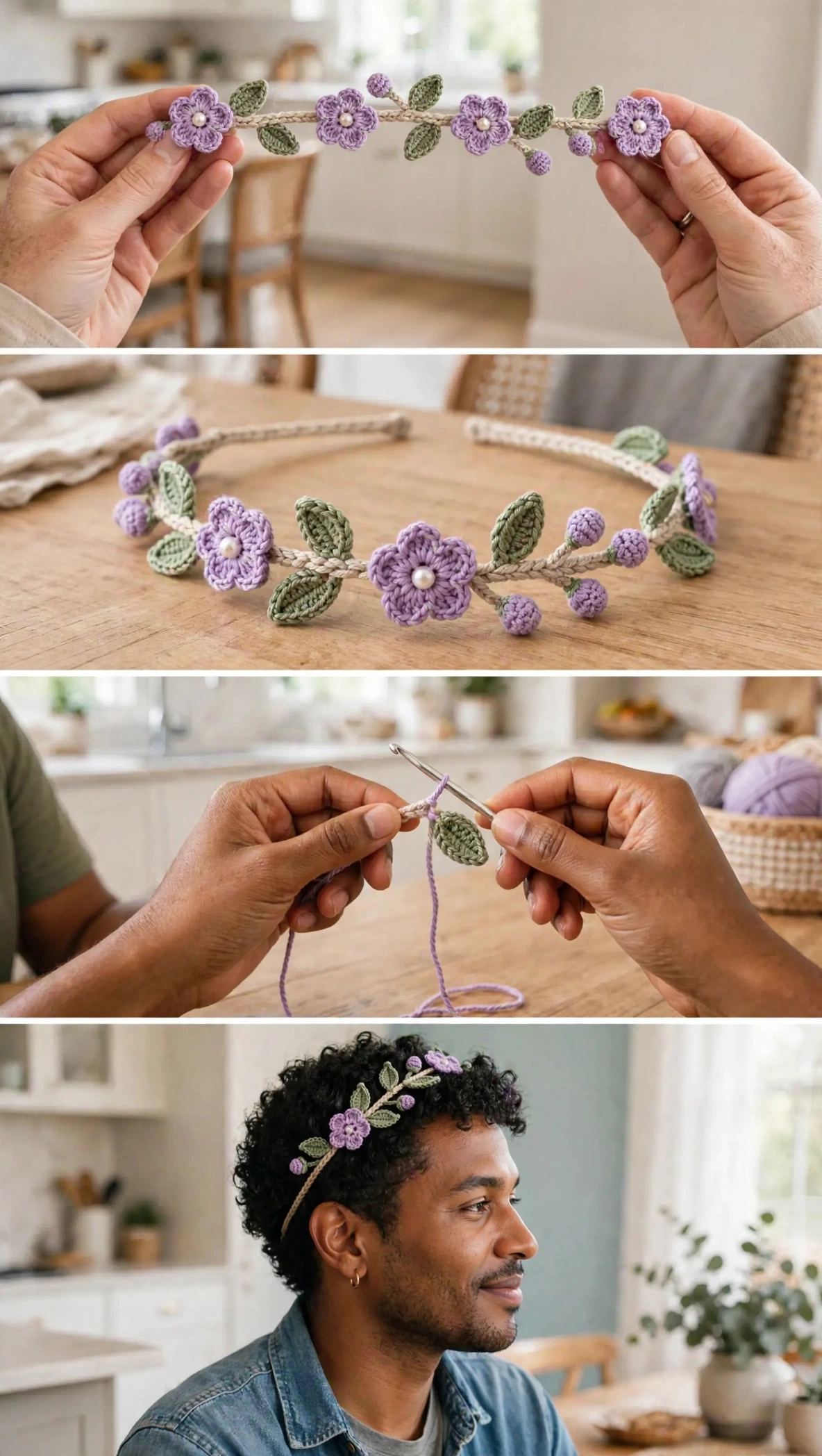 Flat-lay of the assembled lavender wildflower crown showing flowers, berries, and leaves on the braided band