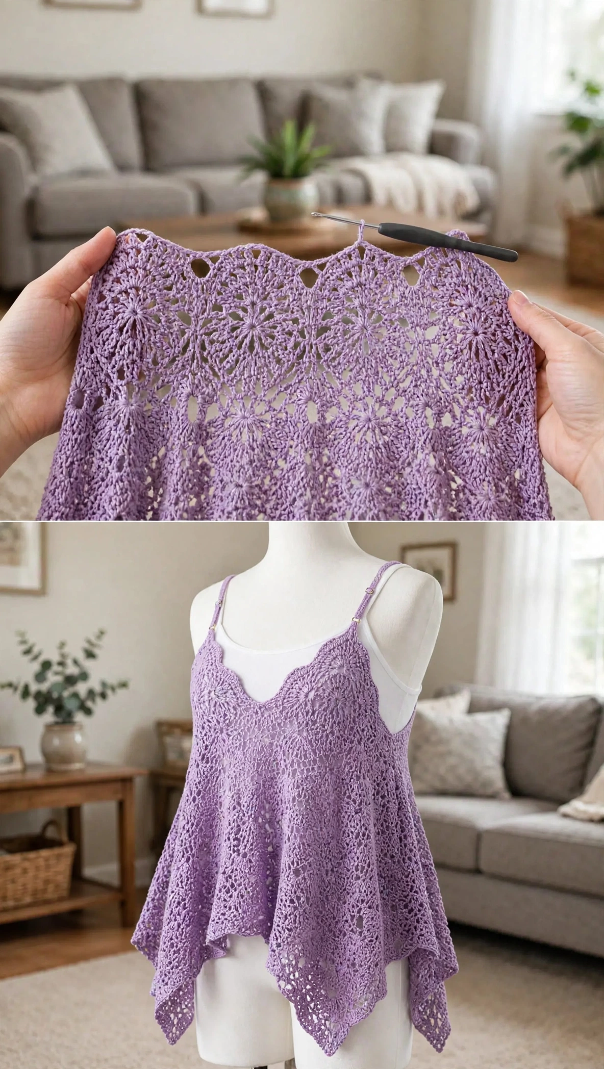 Close-up detail of the lavender lace fan motifs and stitchwork