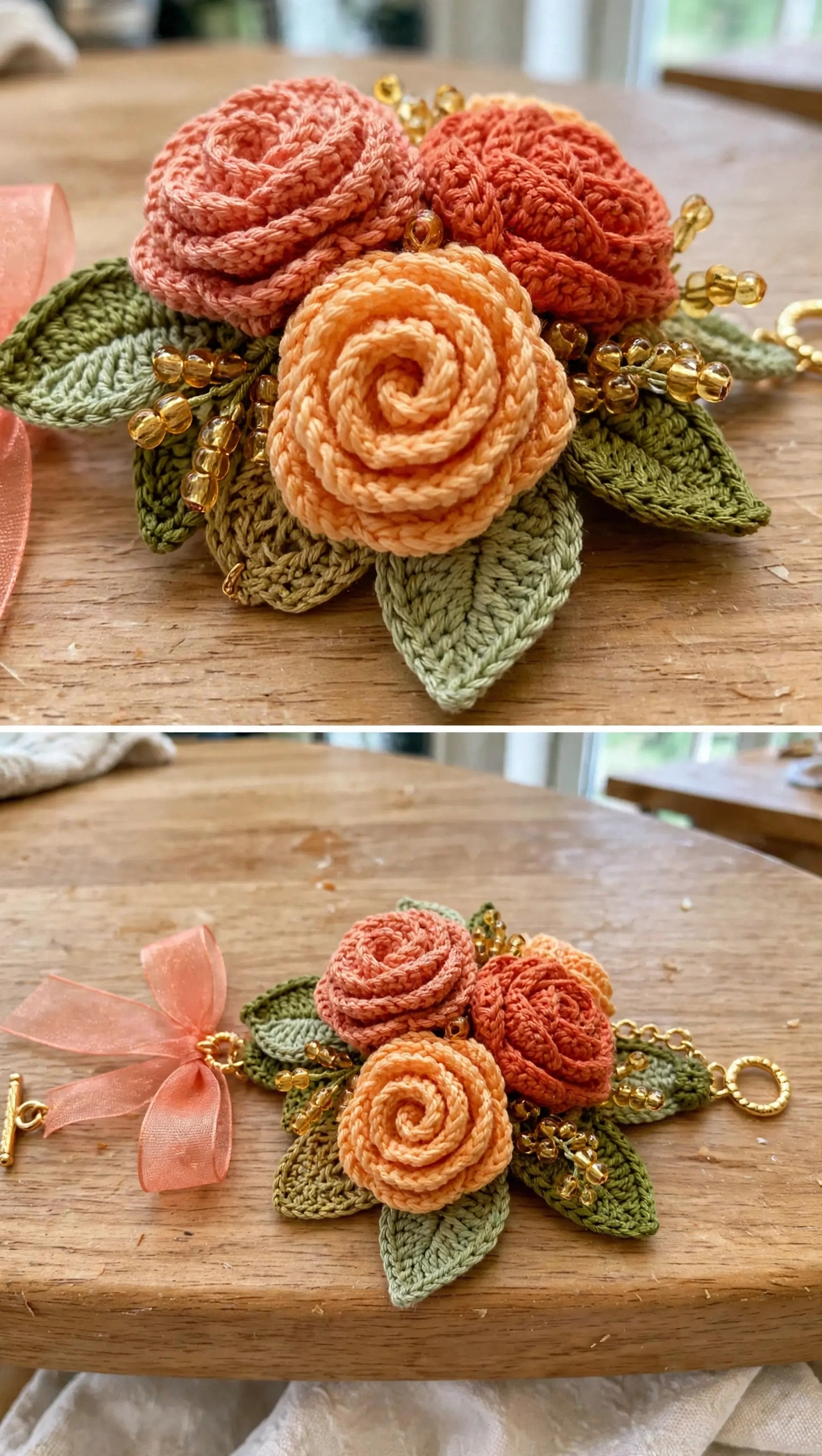 Close-up of the crochet roses, leaves, beads and ribbon bow detail