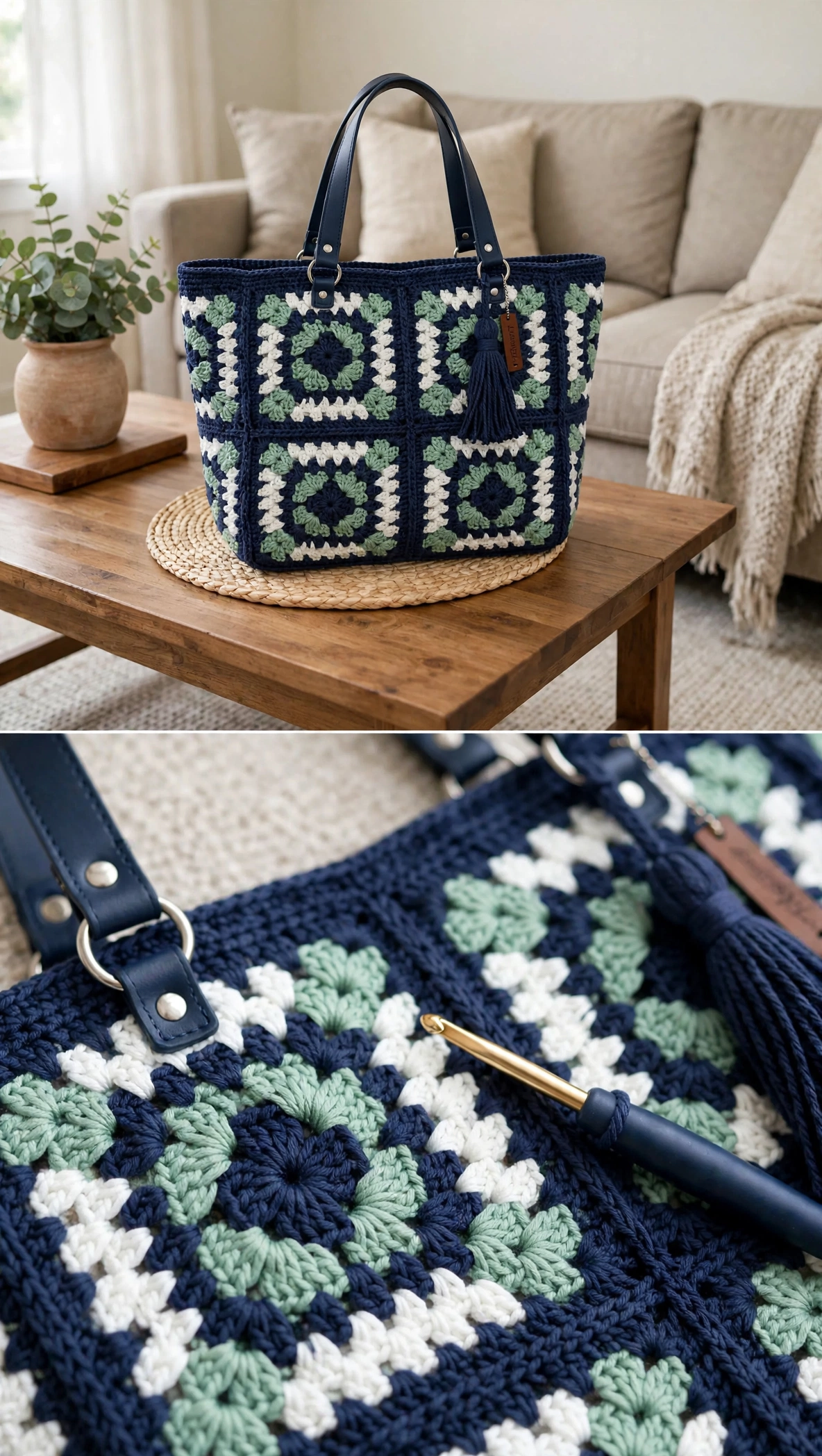 Close-up of the granny square stitches and panel construction