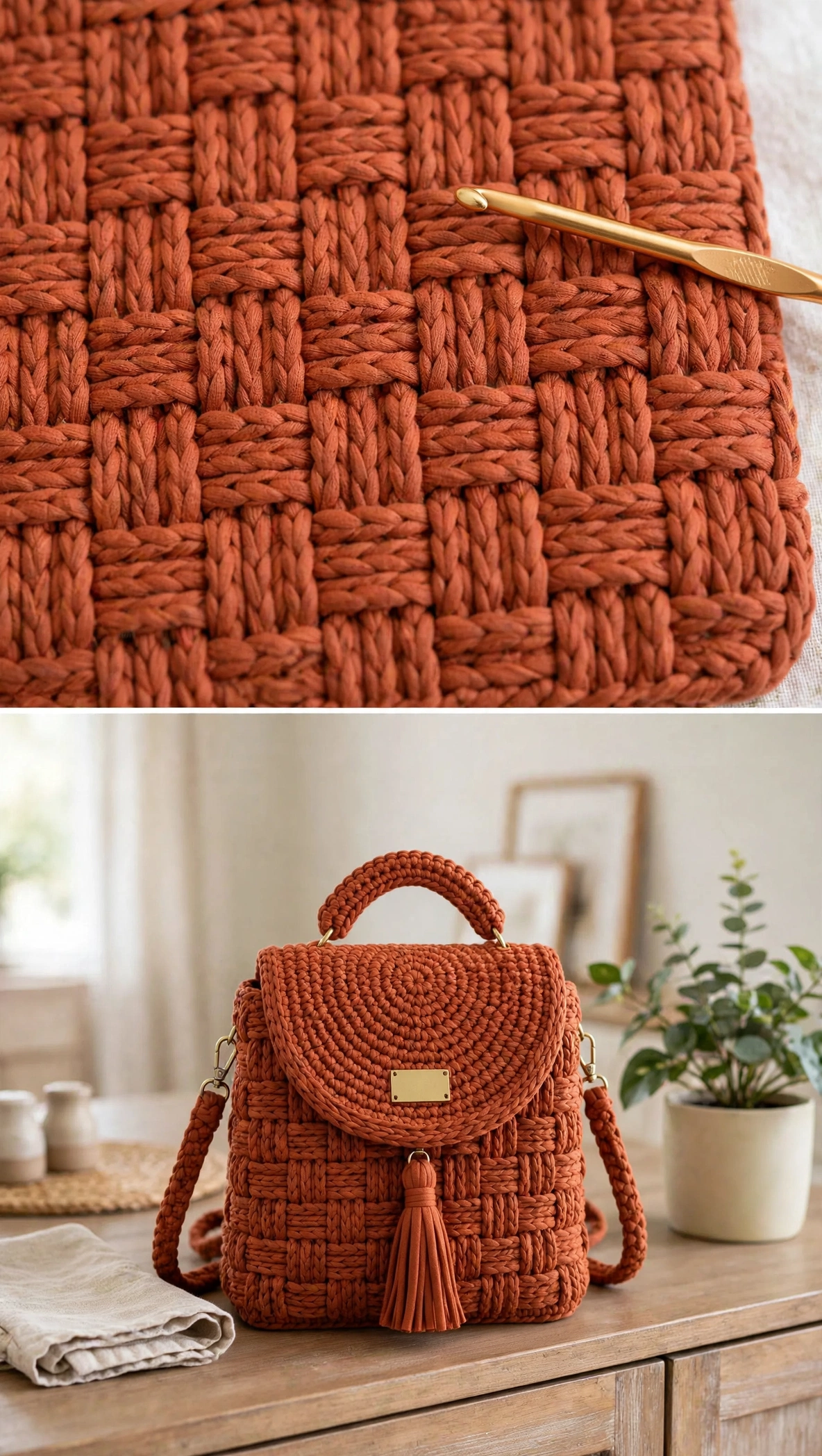 Close-up detail of the basketweave stitch texture on the terracotta backpack