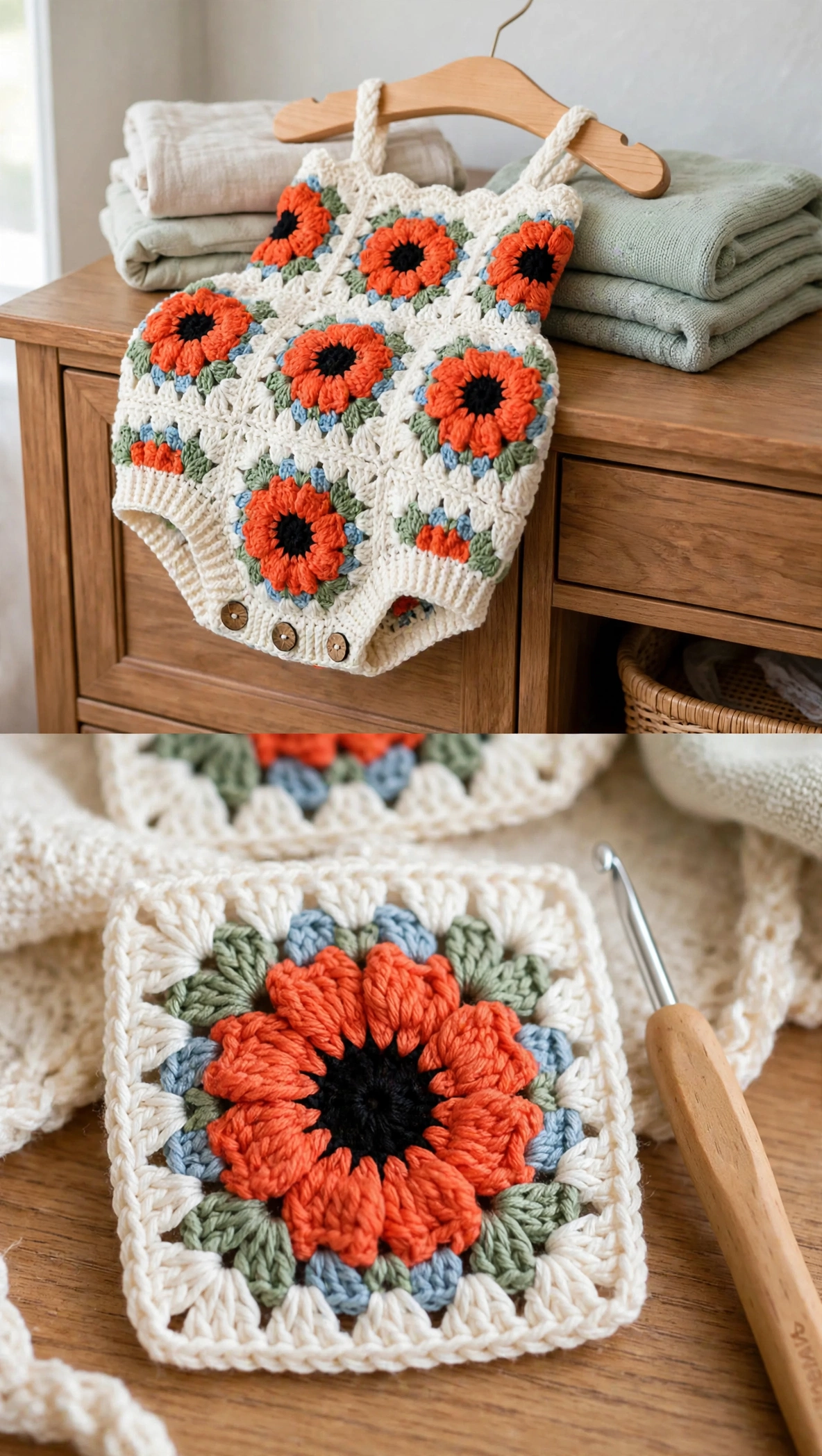 Detail of the coral poppy granny square baby romper