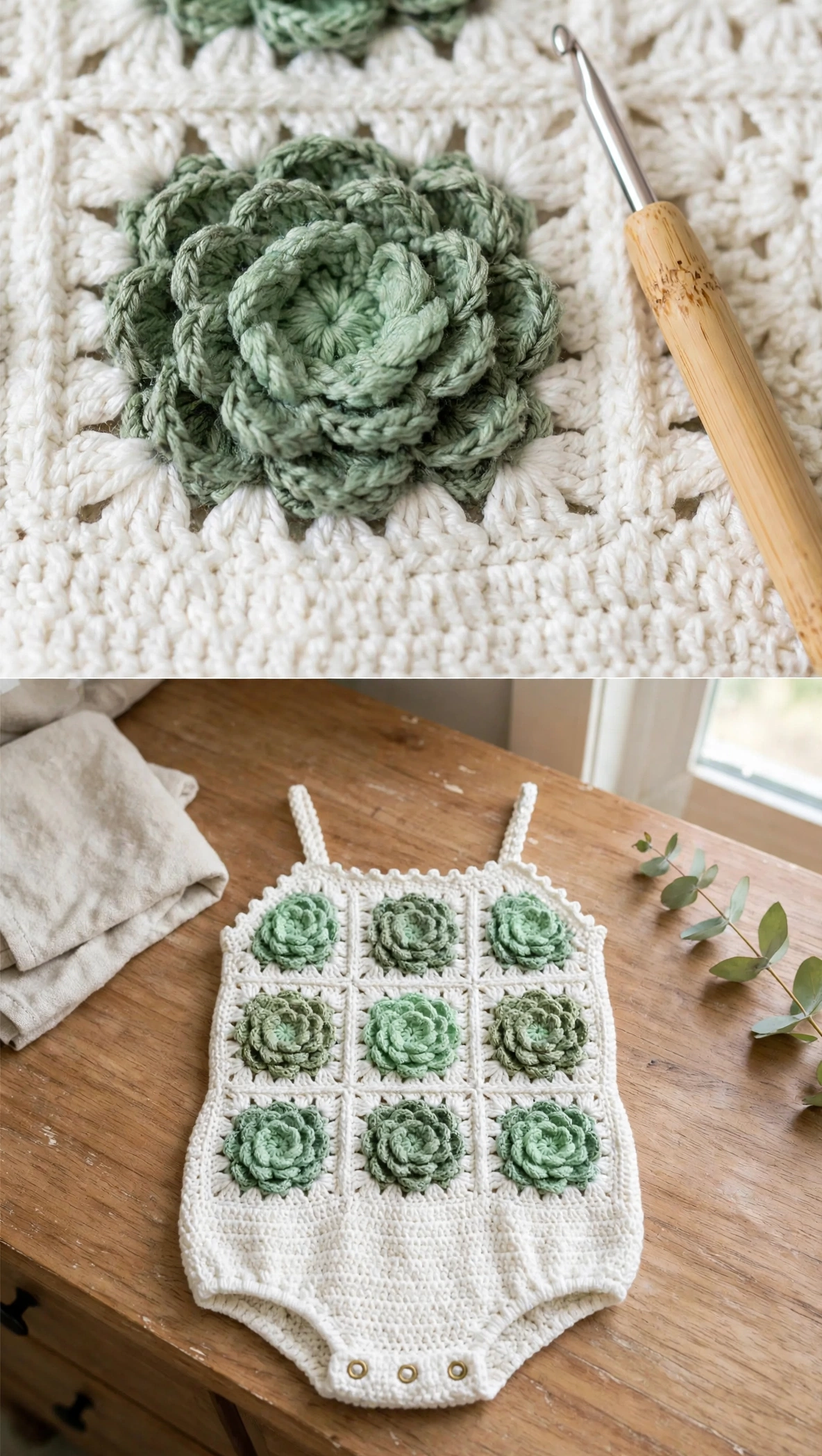 Close-up of the 3D succulent rosette motifs