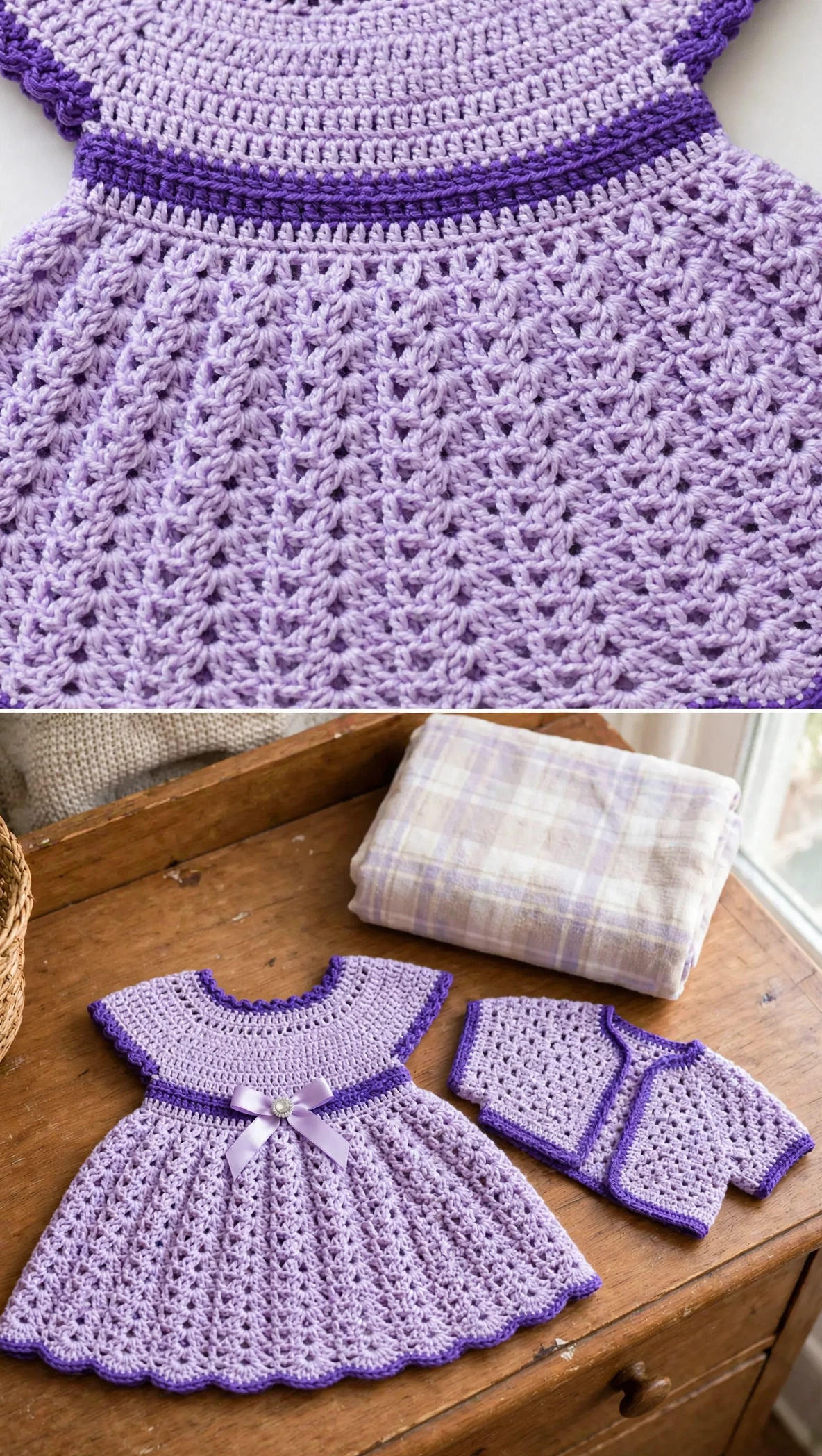 Detail of the shell and V-stitch lace on the lavender baby dress