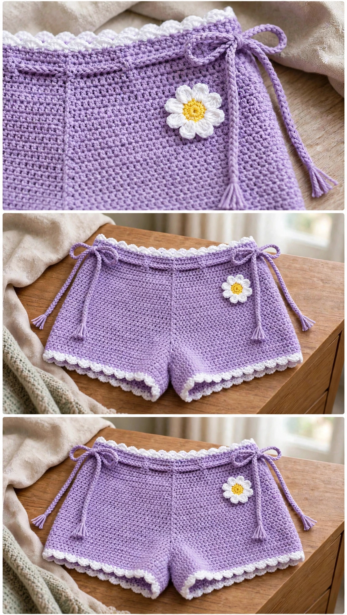Close-up of the daisy applique and scallop edging on the shorts