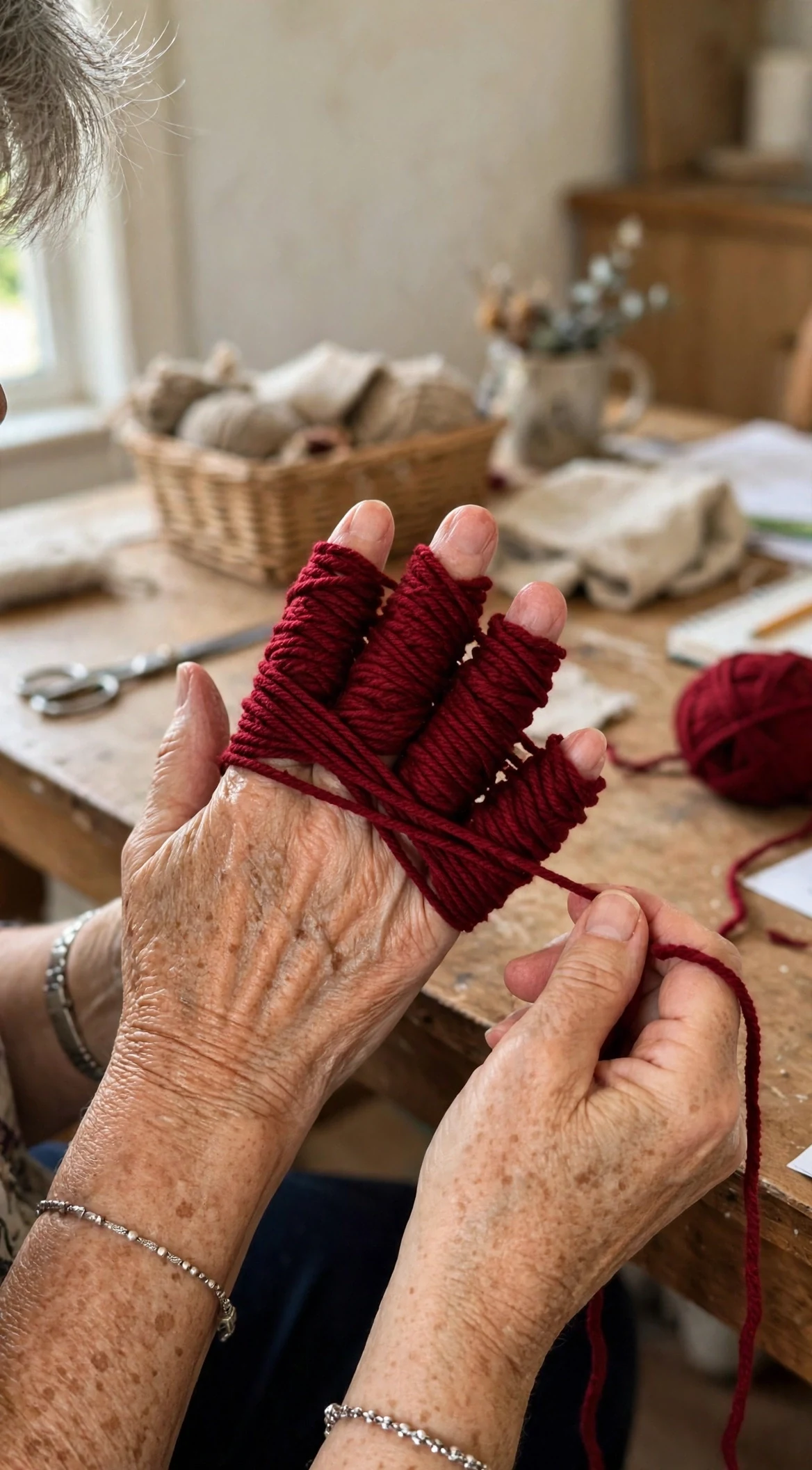 Hands wrapping deep crimson yarn around fingers to form a pom pom