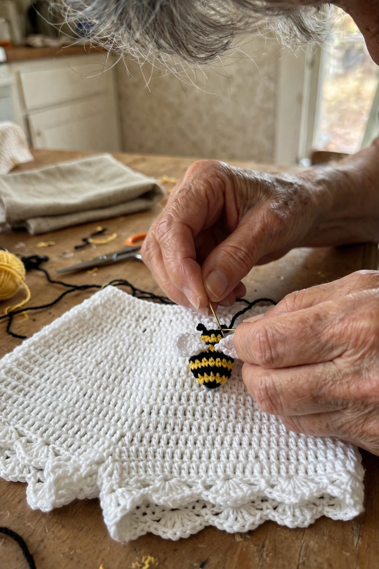 Sewing a bumble bee applique onto white crochet shorts