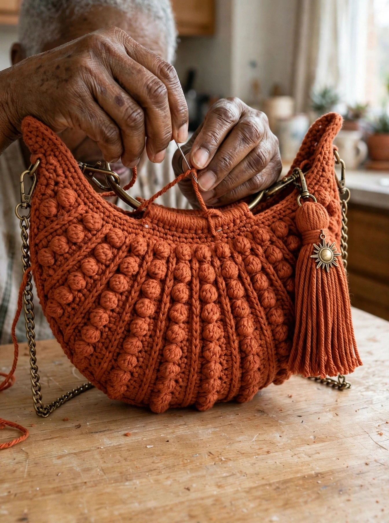 Attaching the ring handle to the terracotta moon bag