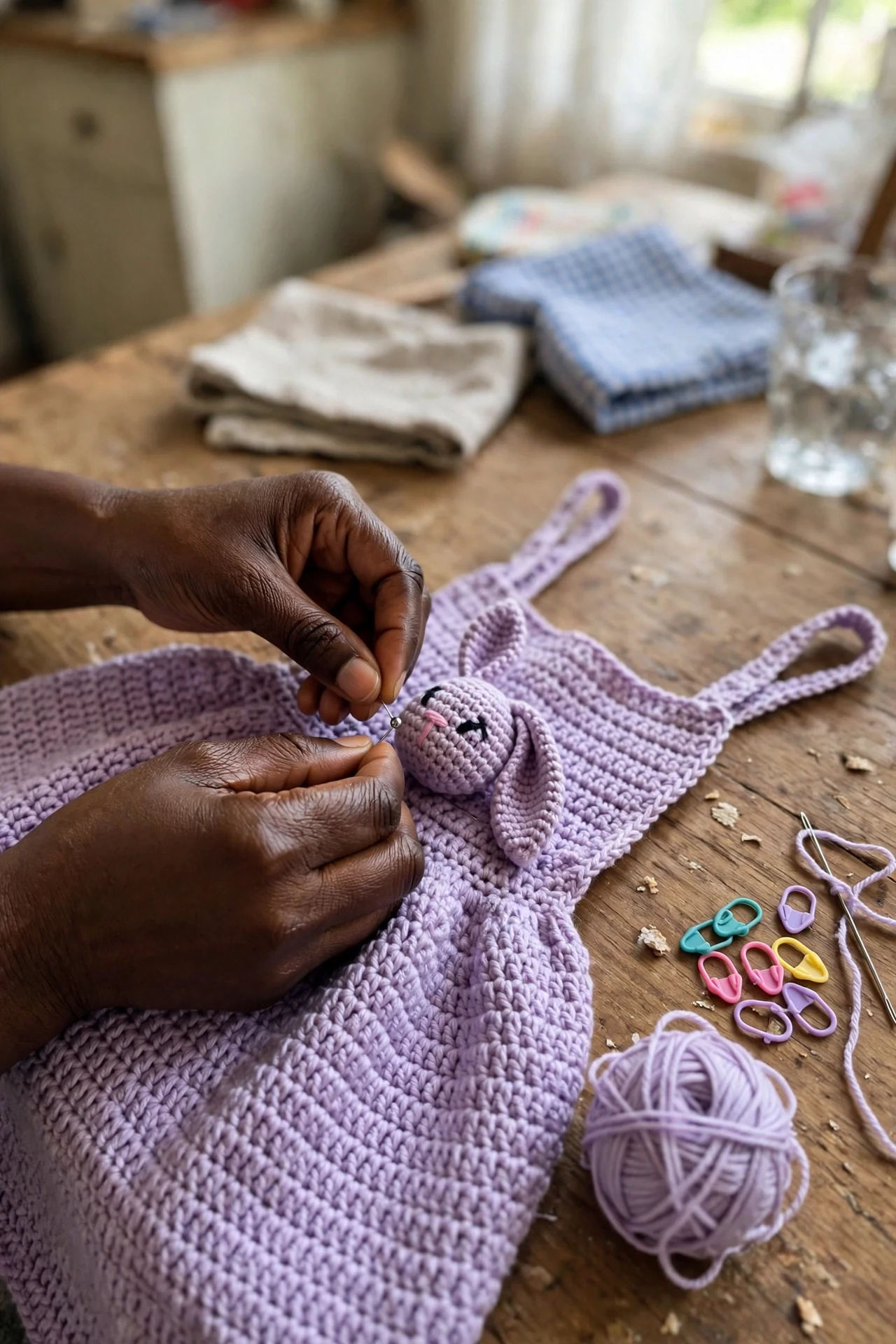 Pinning the bunny head applique onto the bodice panel