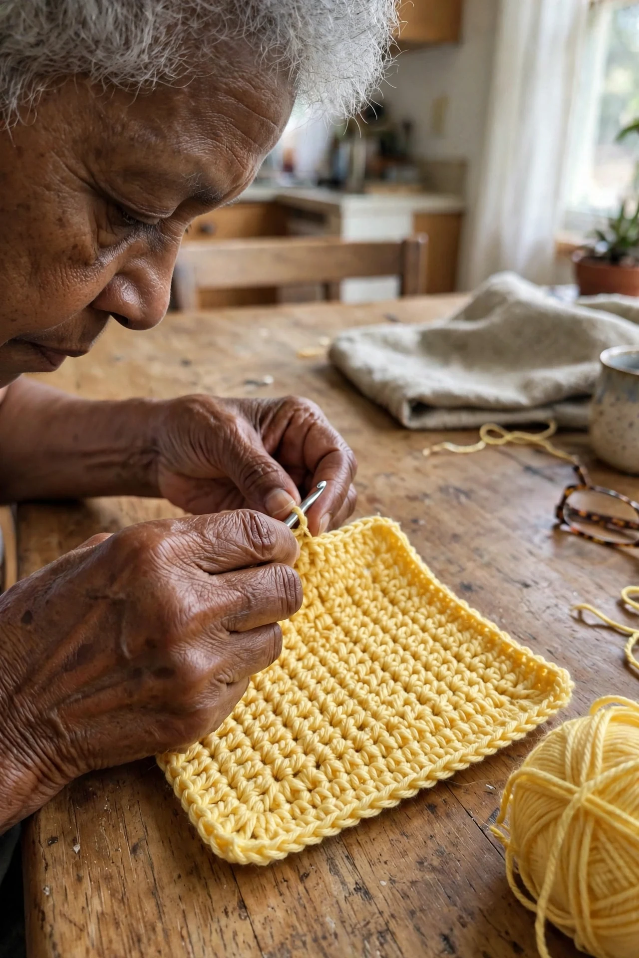 Crocheting the butter yellow base rectangle