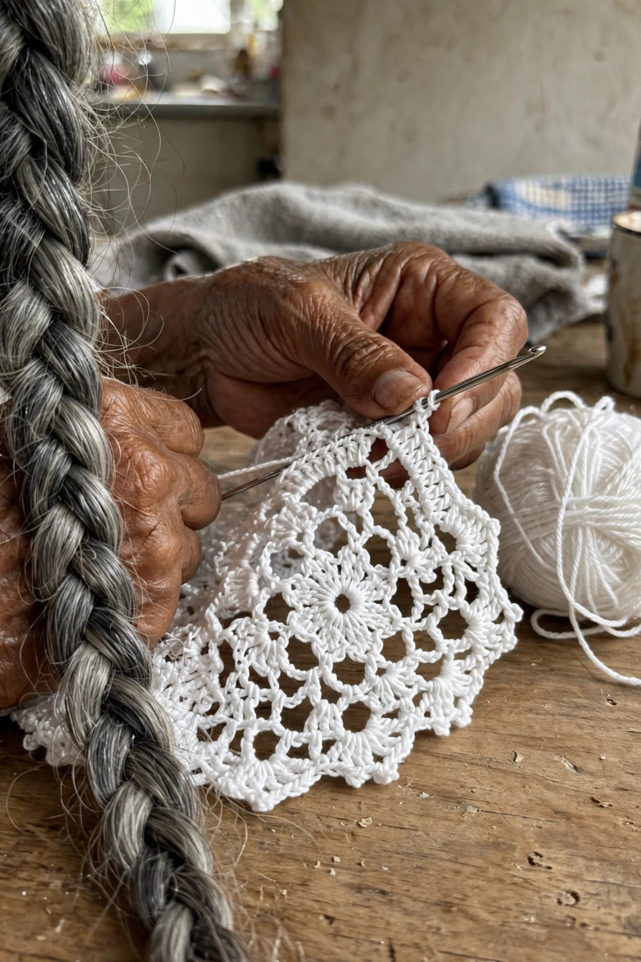 Working the lace panel with a steel hook