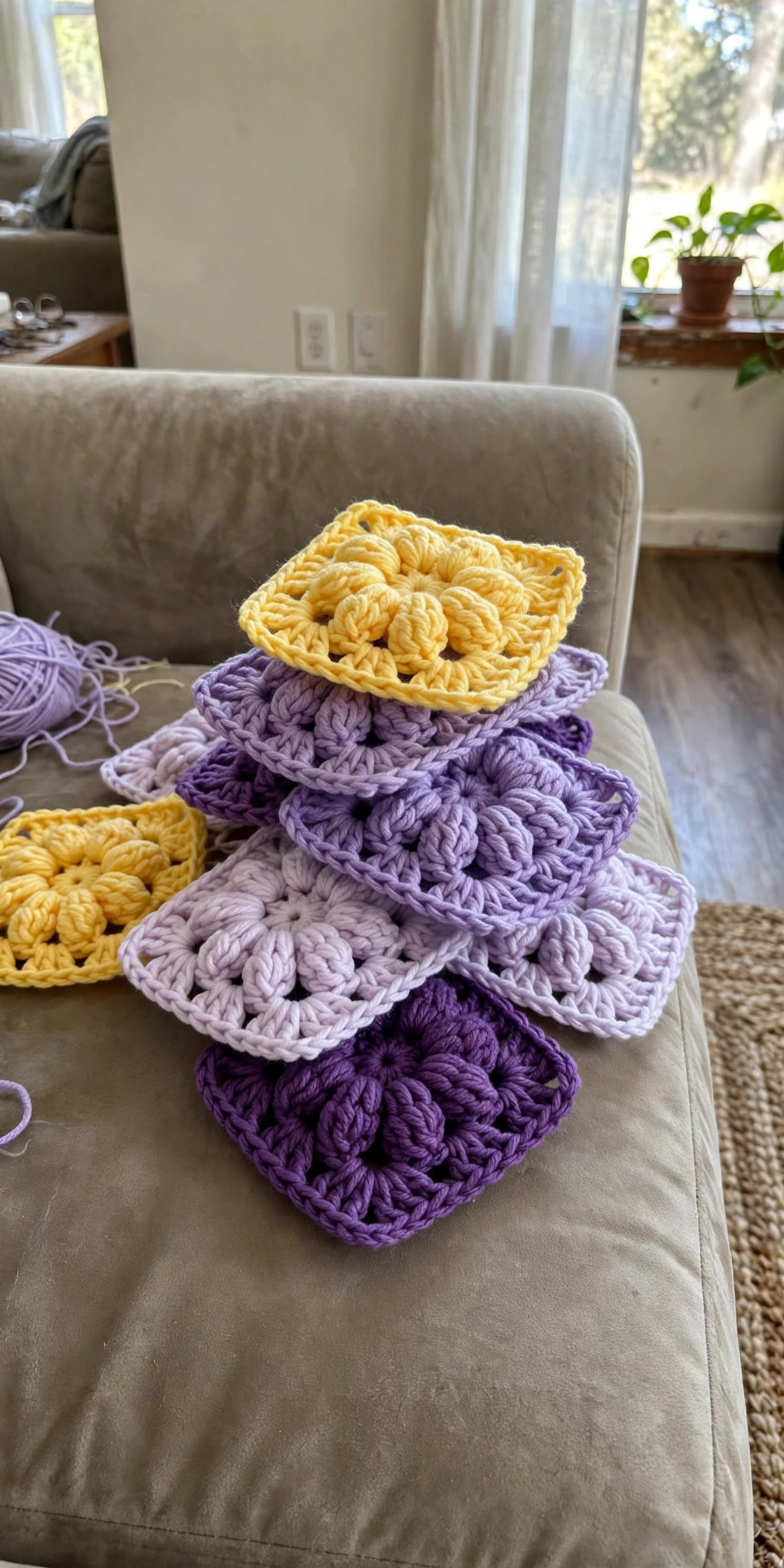 Finished puff flower granny squares ready for assembly