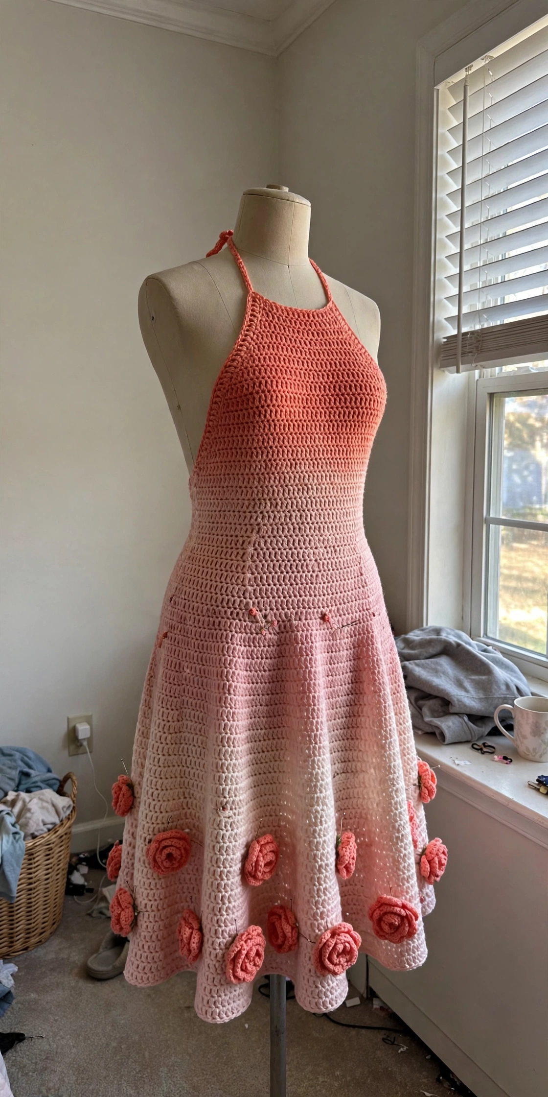 Coral crochet roses pinned on the finished dress