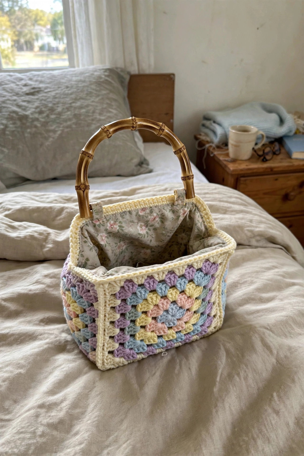 Assembled pastel rainbow granny square purse