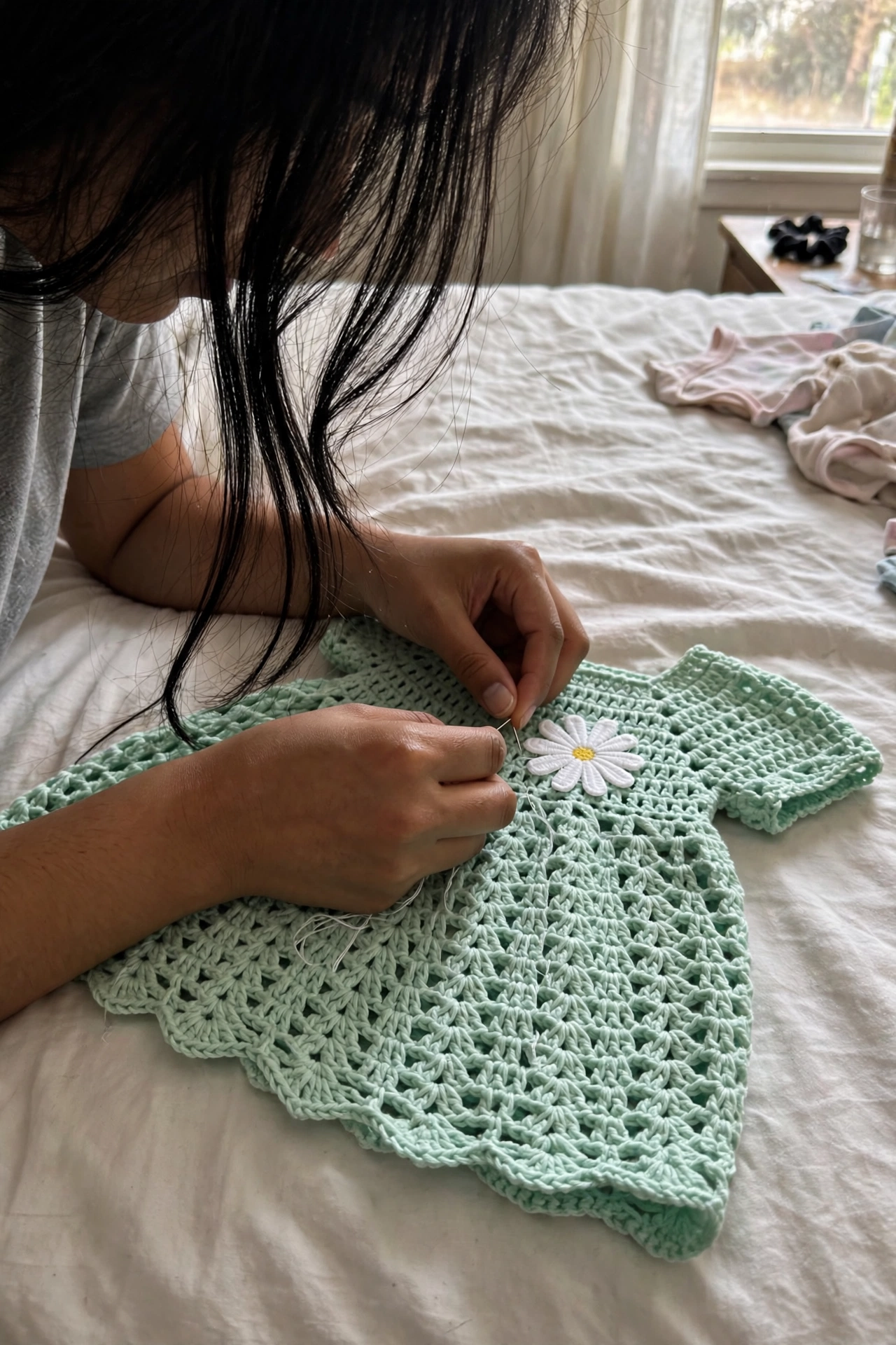 Daisy appliques on the finished baby dress
