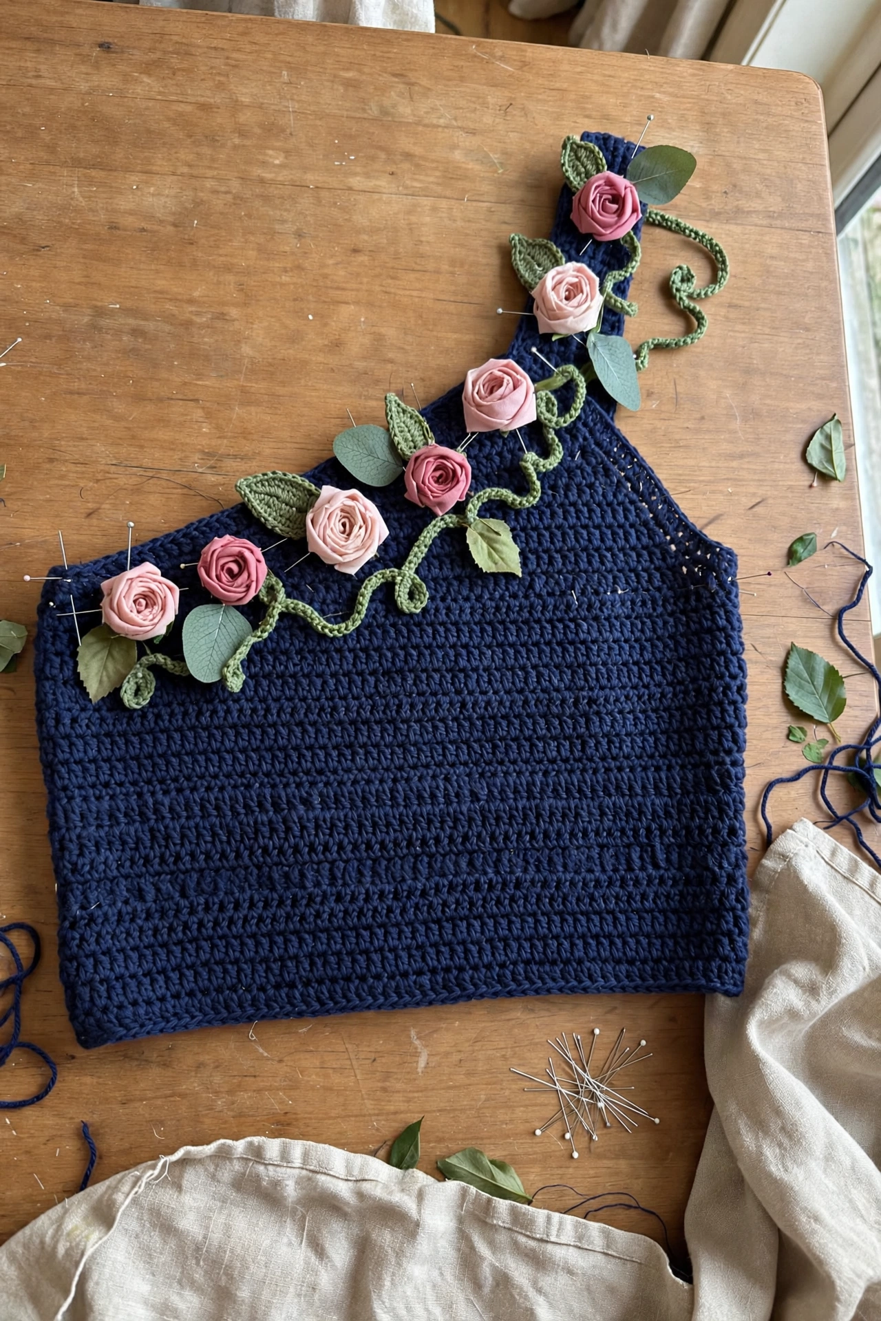 Floral appliques arranged on the bodice