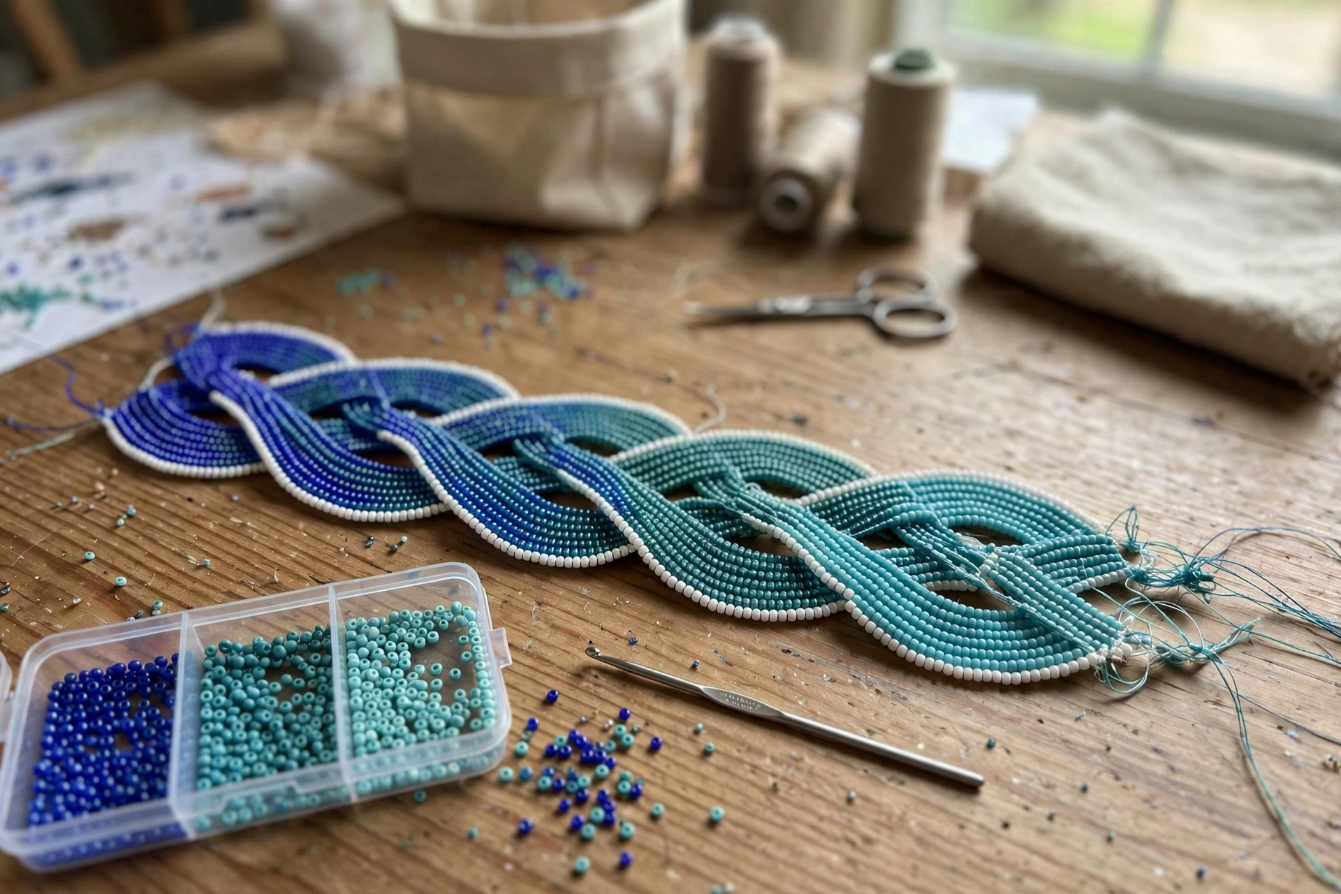 Close-up of the beaded wave band with steel crochet hook and seed beads