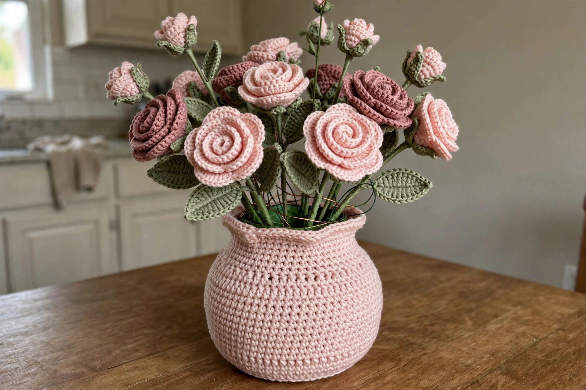Pink Rose Garden Crochet Vase Free Crochet Pattern