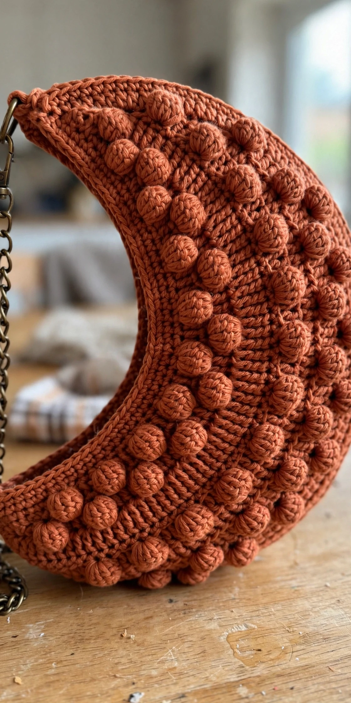 Close-up of bobble stitch texture on the terracotta moon bag