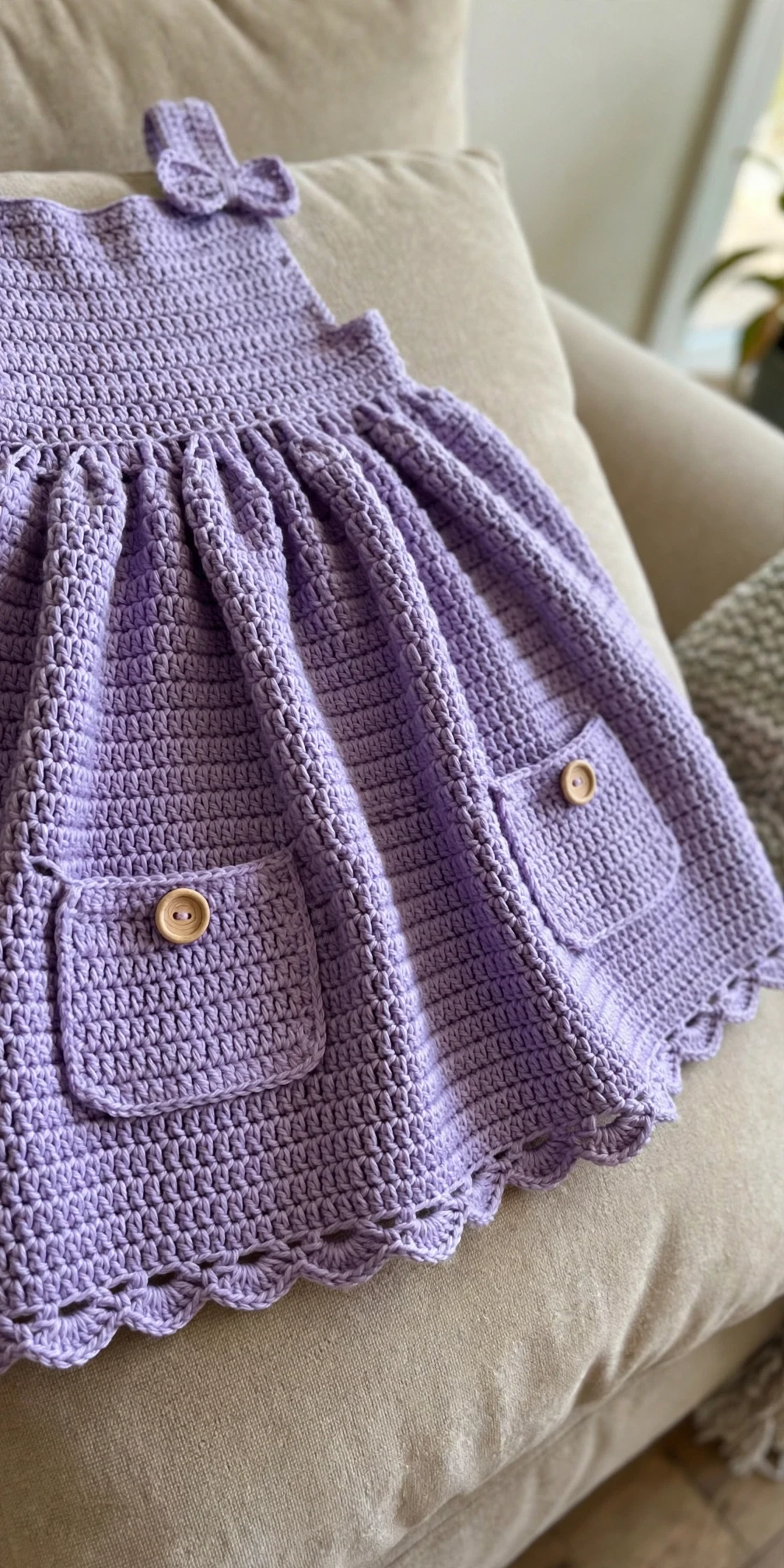 Close-up of the gathered skirt with patch pockets and scalloped hem