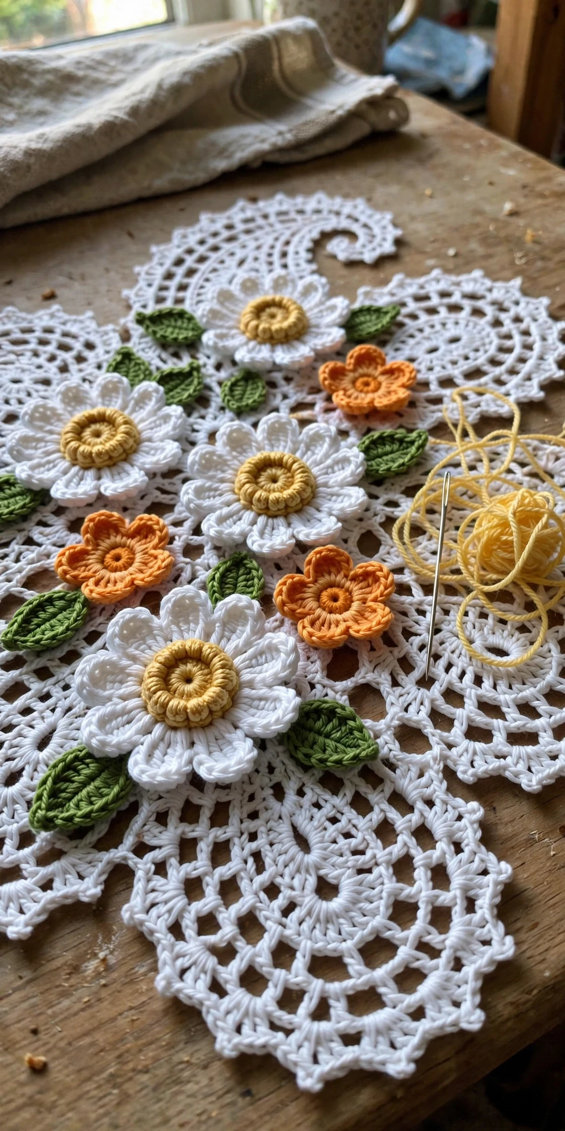 Close-up of the daisy, leaf, and paisley appliques