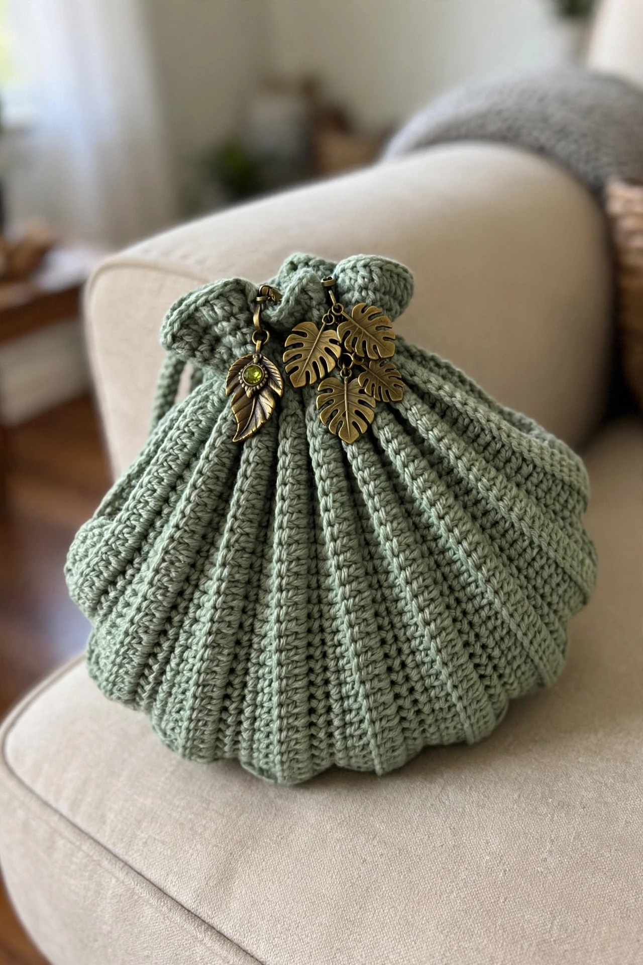 Close-up of the gathered shell shape and charms