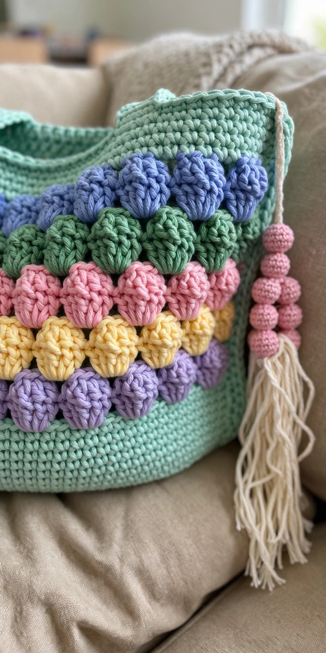 Spring Garden Granny Tote Bag with puff stitch border