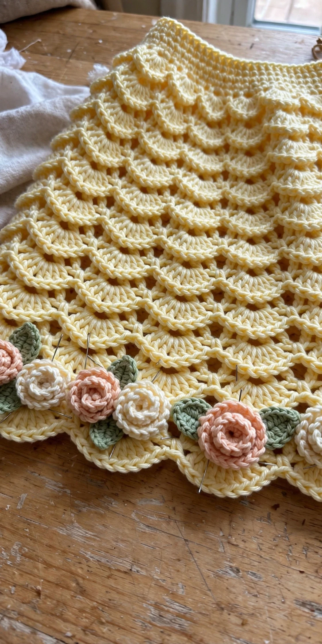 Pinning the rolled roses to the hem